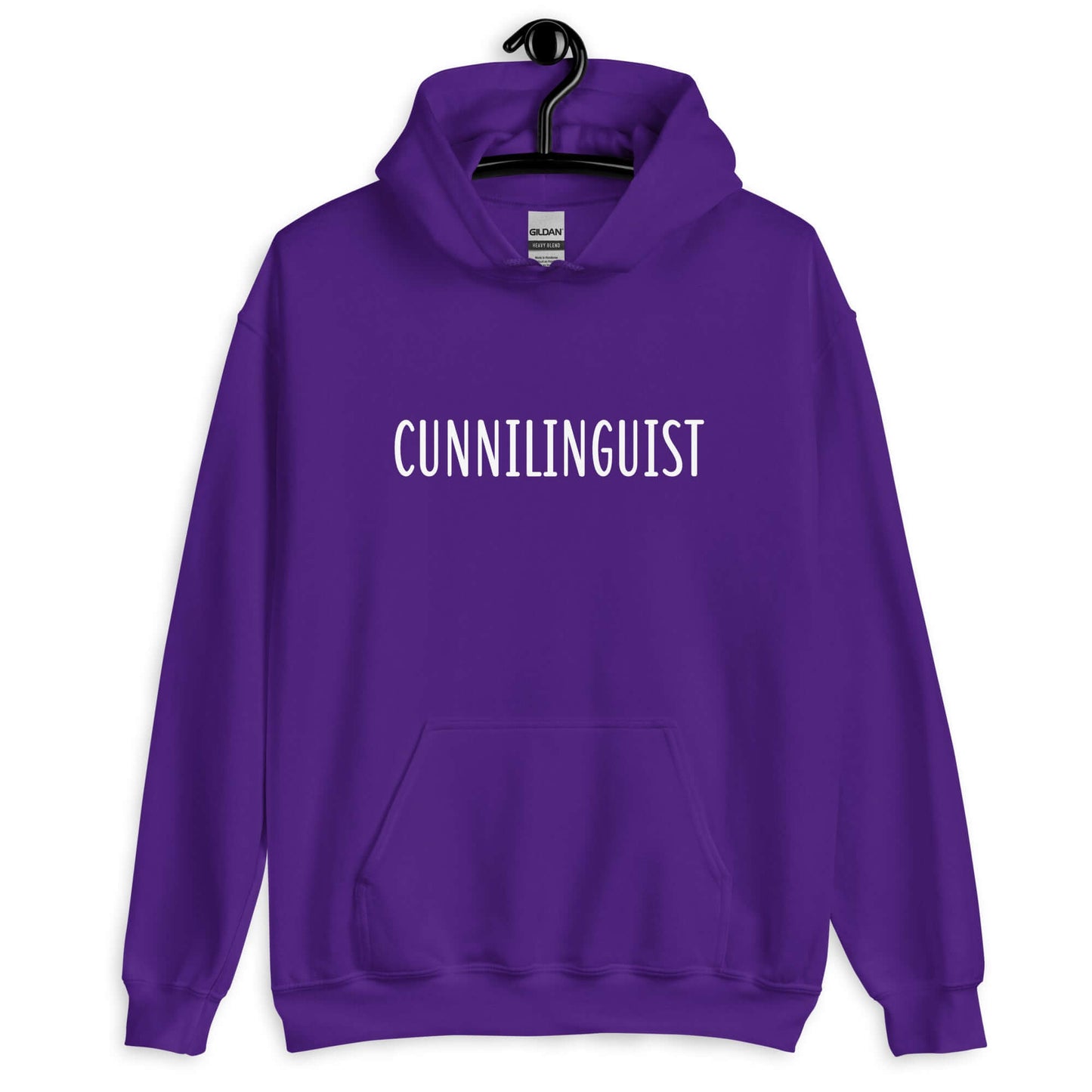 Purple hoodie sweatshirt with the word Cunnilinguist printed on the front.