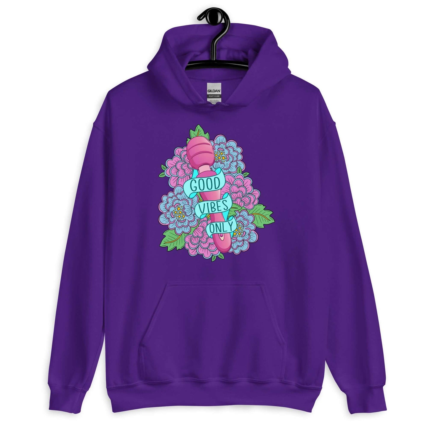 Purple hoodie sweatshirt with graphic design that has the words Good vibes only layered over a pink wand vibrator with flowers around. The graphic design is printed on the front of the hoodie.