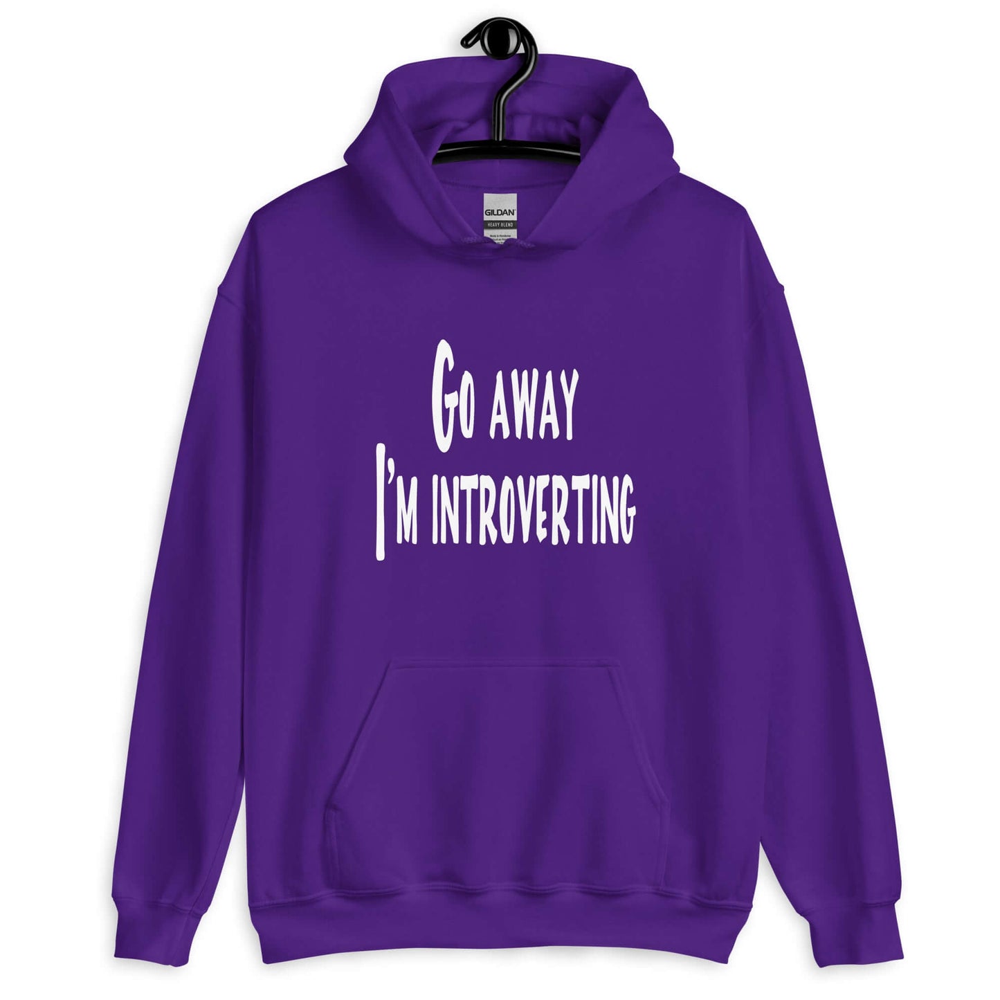Purple hoodie sweatshirt with the phrase Go away, I'm introverting printed on the front.