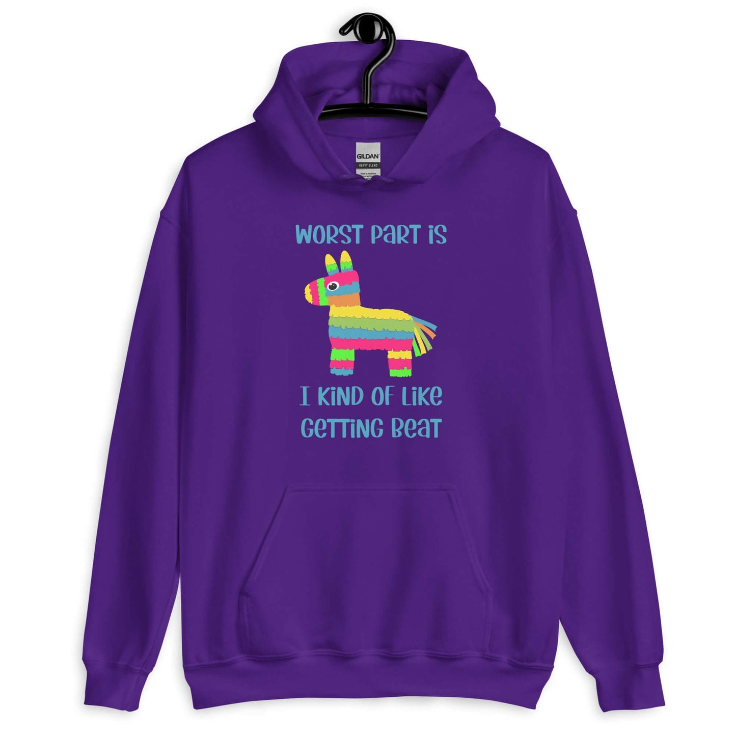 Purple hoodie sweatshirt with an image of a colorful donkey pinata with the phrase Worst part is I kind of like getting beat printed on the front.