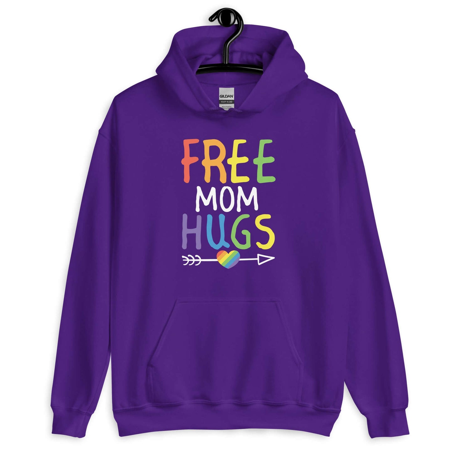 Purple hoodie sweatshirt with the phrase Free Mom hugs in rainbow lettering printed on the front.