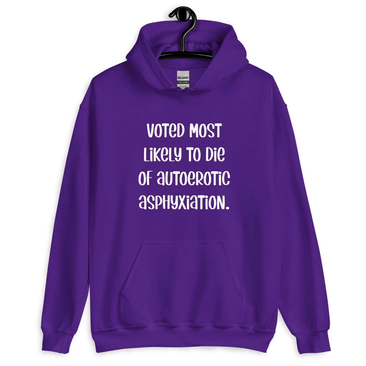 Purple hoodie sweatshirt with the phrase Voted most likely to die of autoerotic asphyxiation printed on the front.