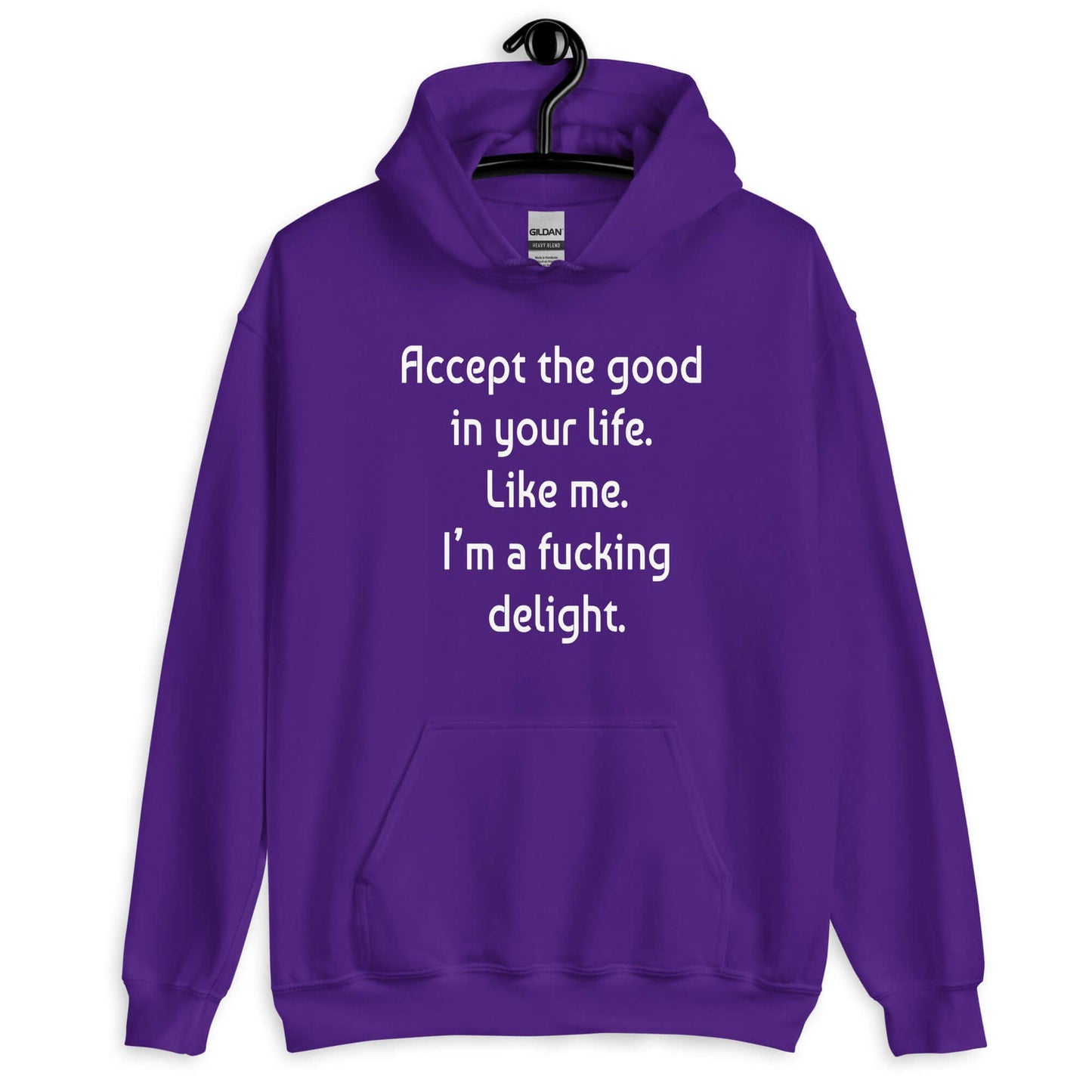Purple hoodie sweatshirt with the funny phrase Accept the good in your life, like me, I'm a fucking delight printed on the front.