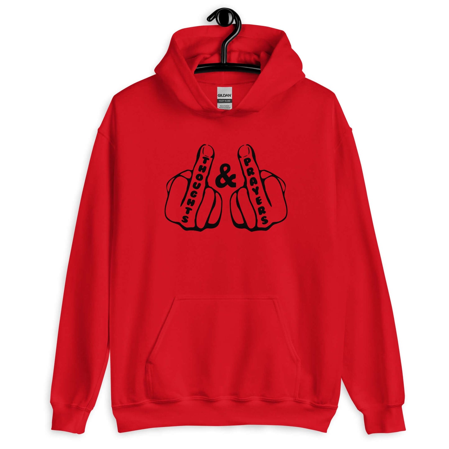 Red hoodie sweatshirt with an image of 2 line drawing hands with the middle fingers up. The word Thoughts is printed on one middle finger and the word Prayers is printed on the other middle finger. The graphics are printed on the front of the hoodie.