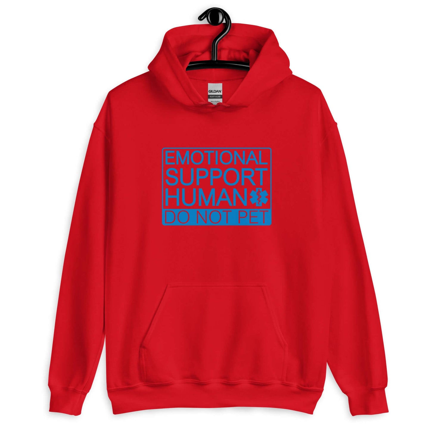 Red hoodie sweatshirt with the words Emotional support human, do not pet printed on the front.