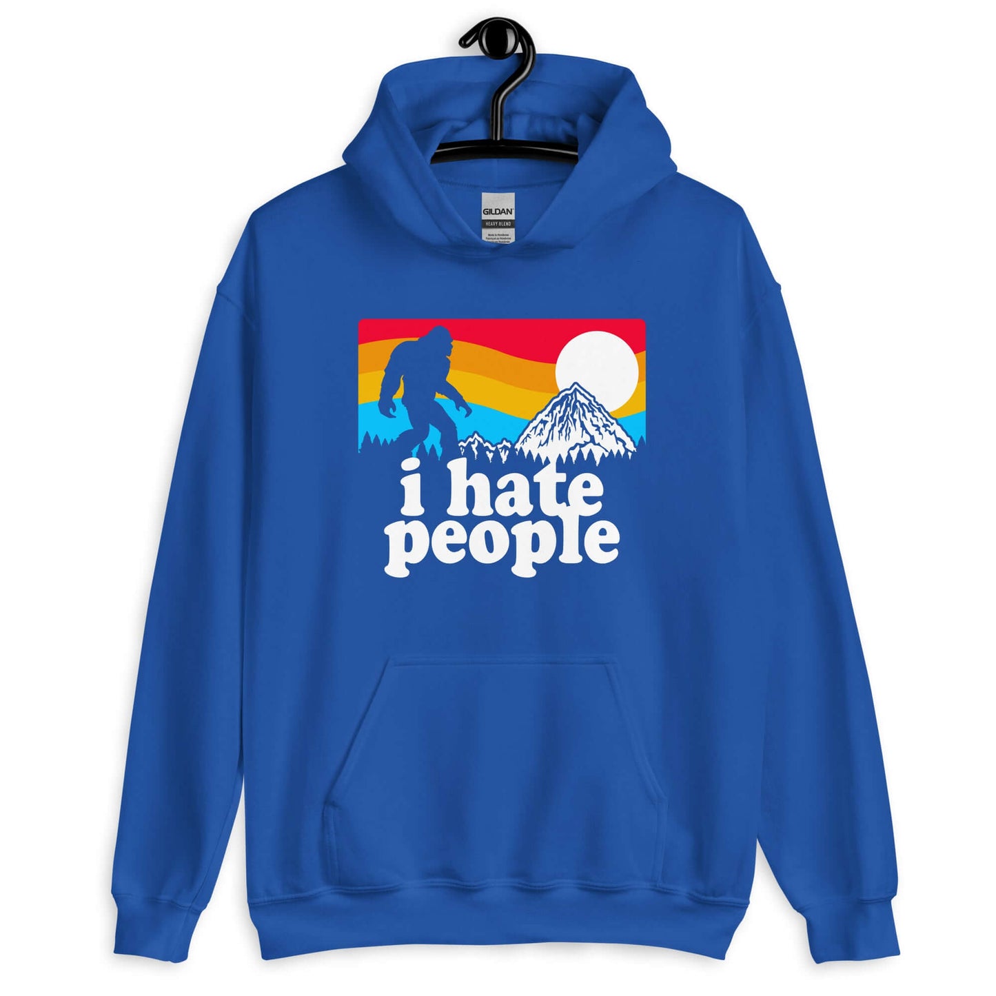 Royal blue hoodie sweatshirt with graphic of Bigfoot walking into the sunset with the words I hate people printed on the front.