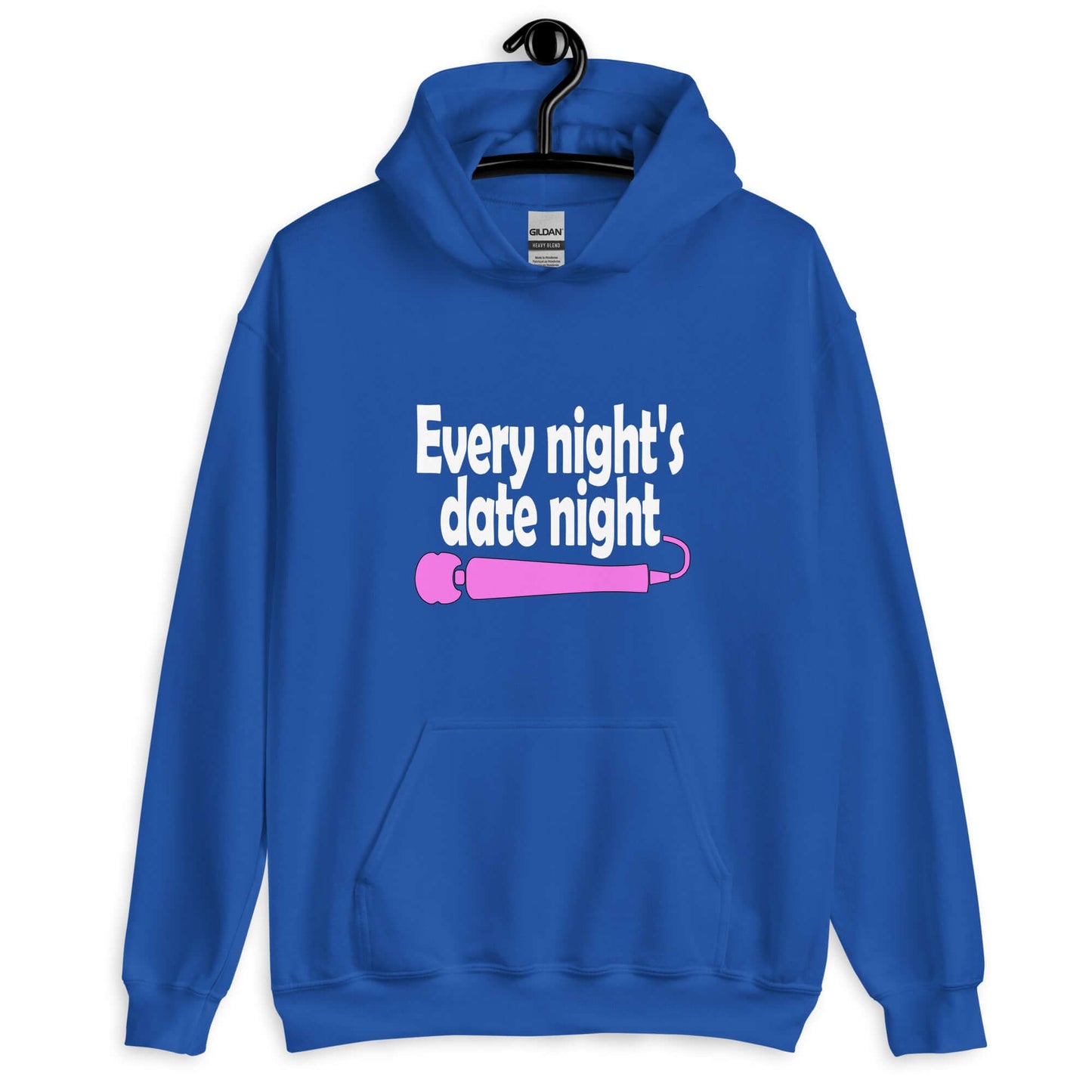 Royal blue hoodie sweatshirt with the phrase Every night is date night with a hot pink wand vibrator printed beneath. The graphics are printed on the front of the hoodie.