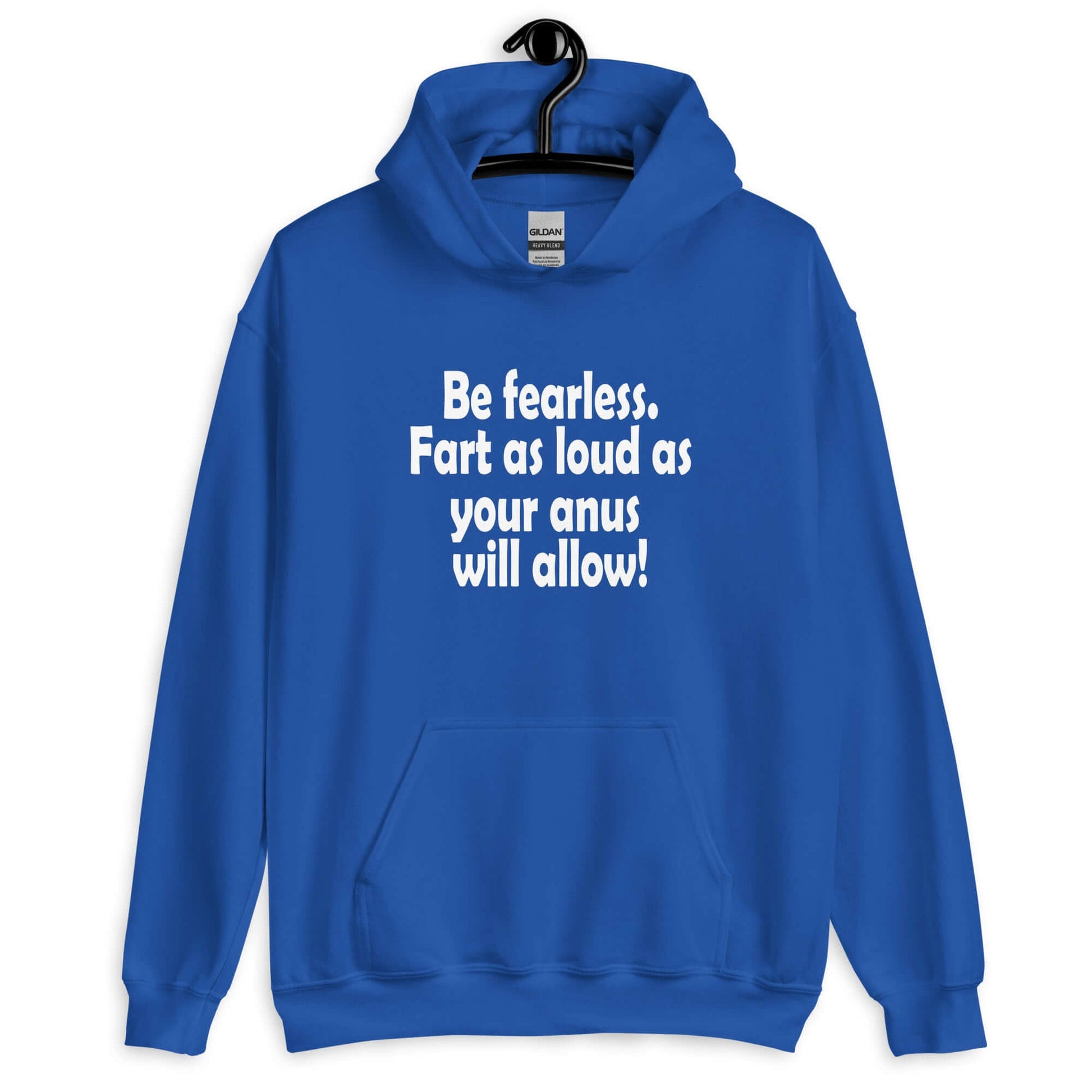 Royal blue hoodie sweatshirt with the phrase Be fearless. Fart as loud as your anus will allow printed on the front.