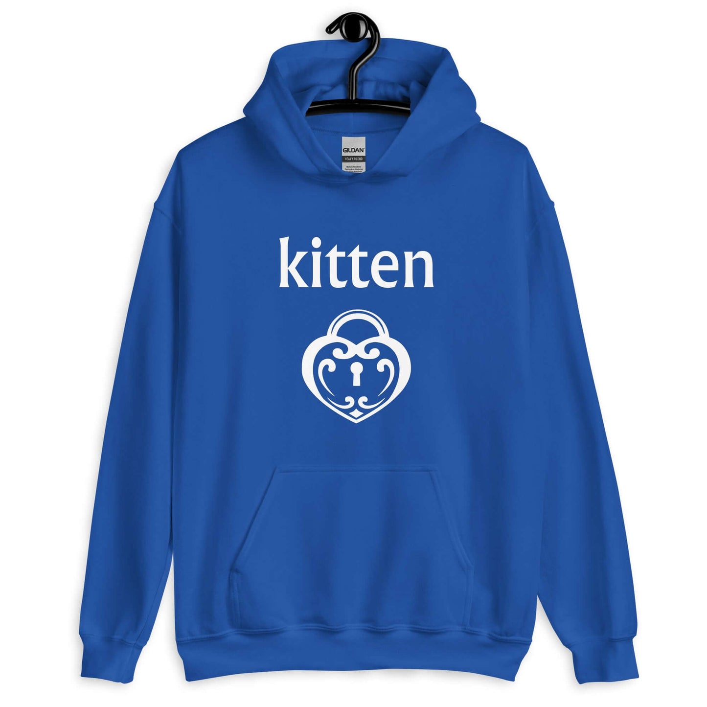 Royal blue hoodie sweatshirt with an image of a heart shaped lock and the word kitten printed on the front.