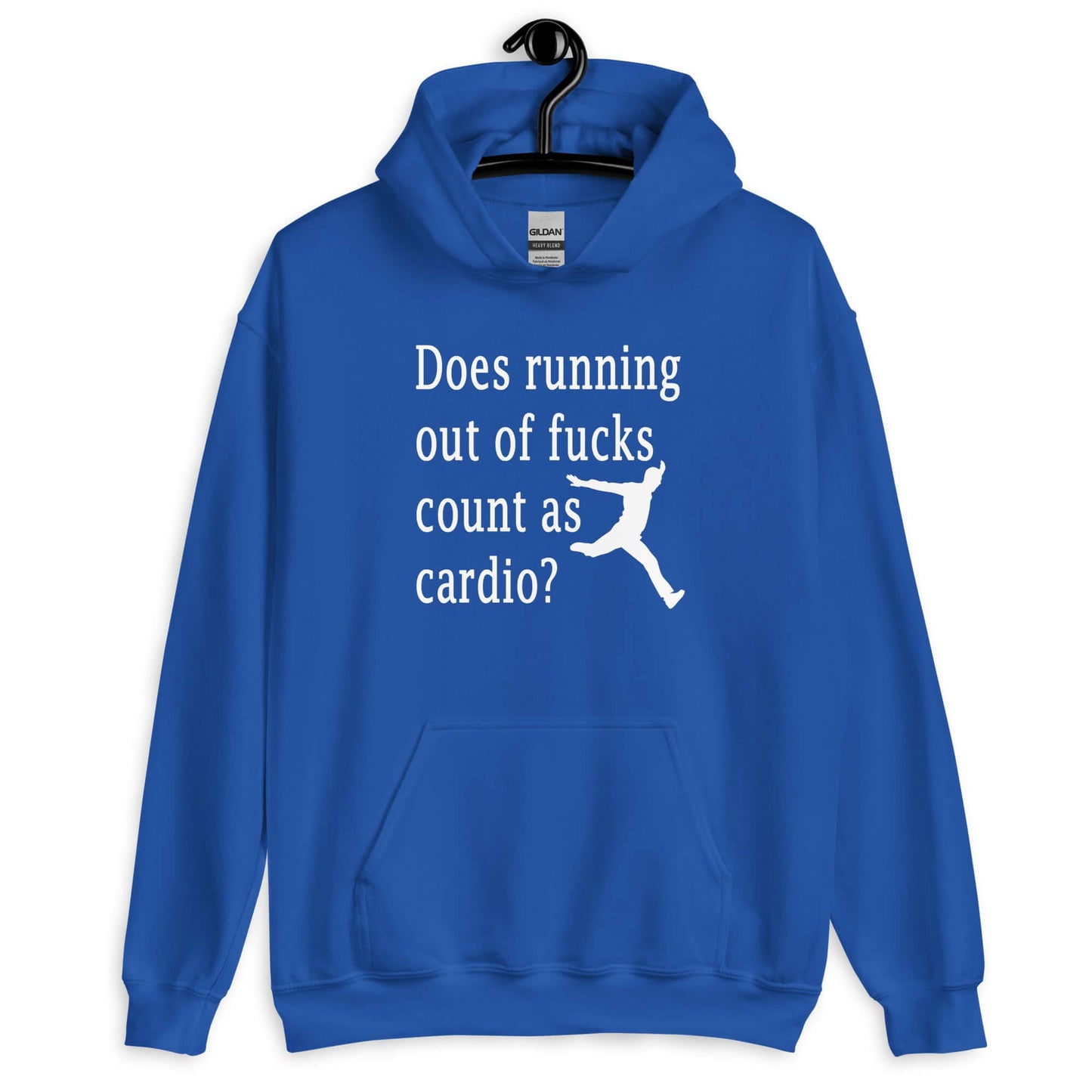 Royal blue hoodie sweatshirt with a silhouette image of a running person with the phrase Does running out of fucks count as cardio question mark printed on the front.