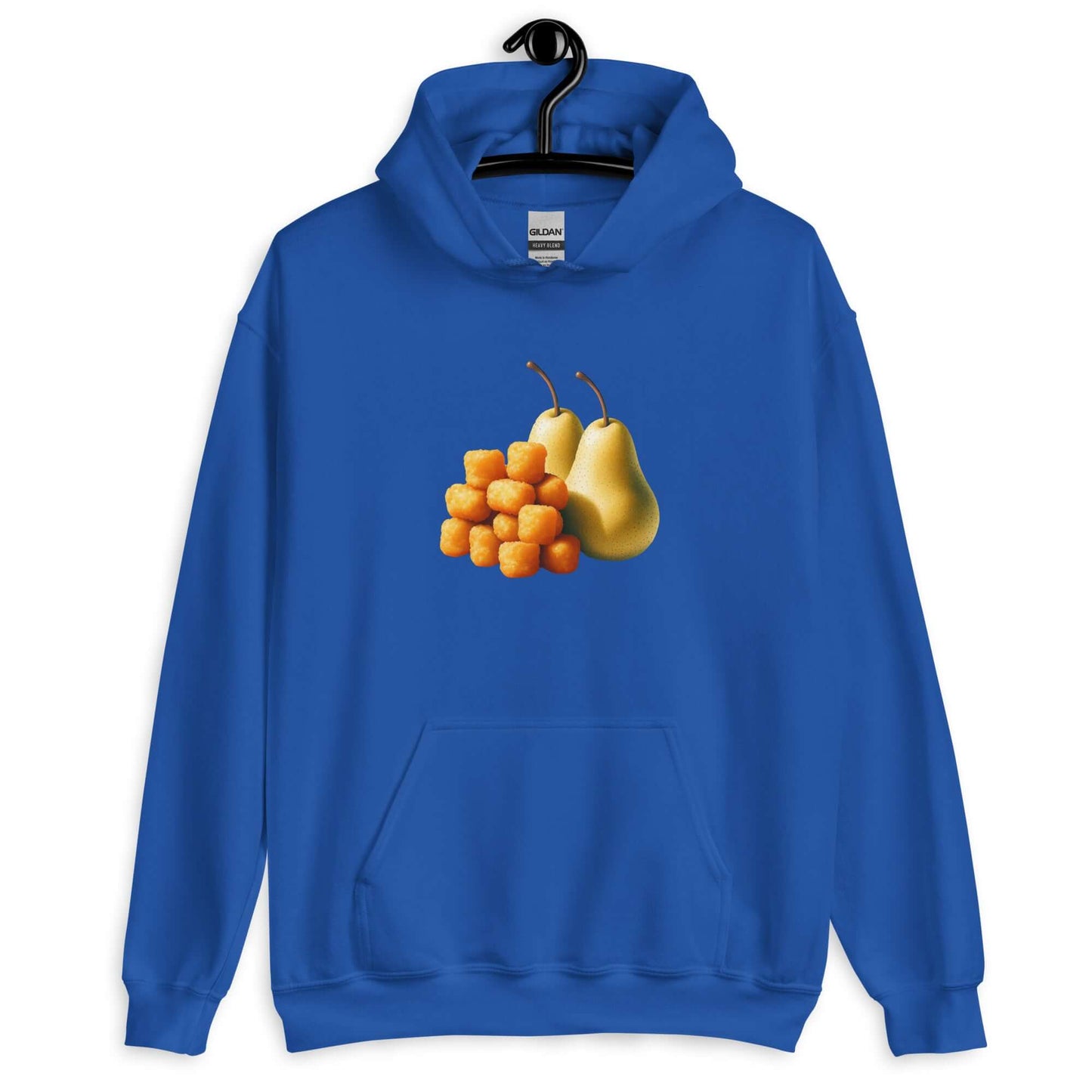 Royal blue hoodie sweatshirt with an image of tater tots and two pears printed on the front.