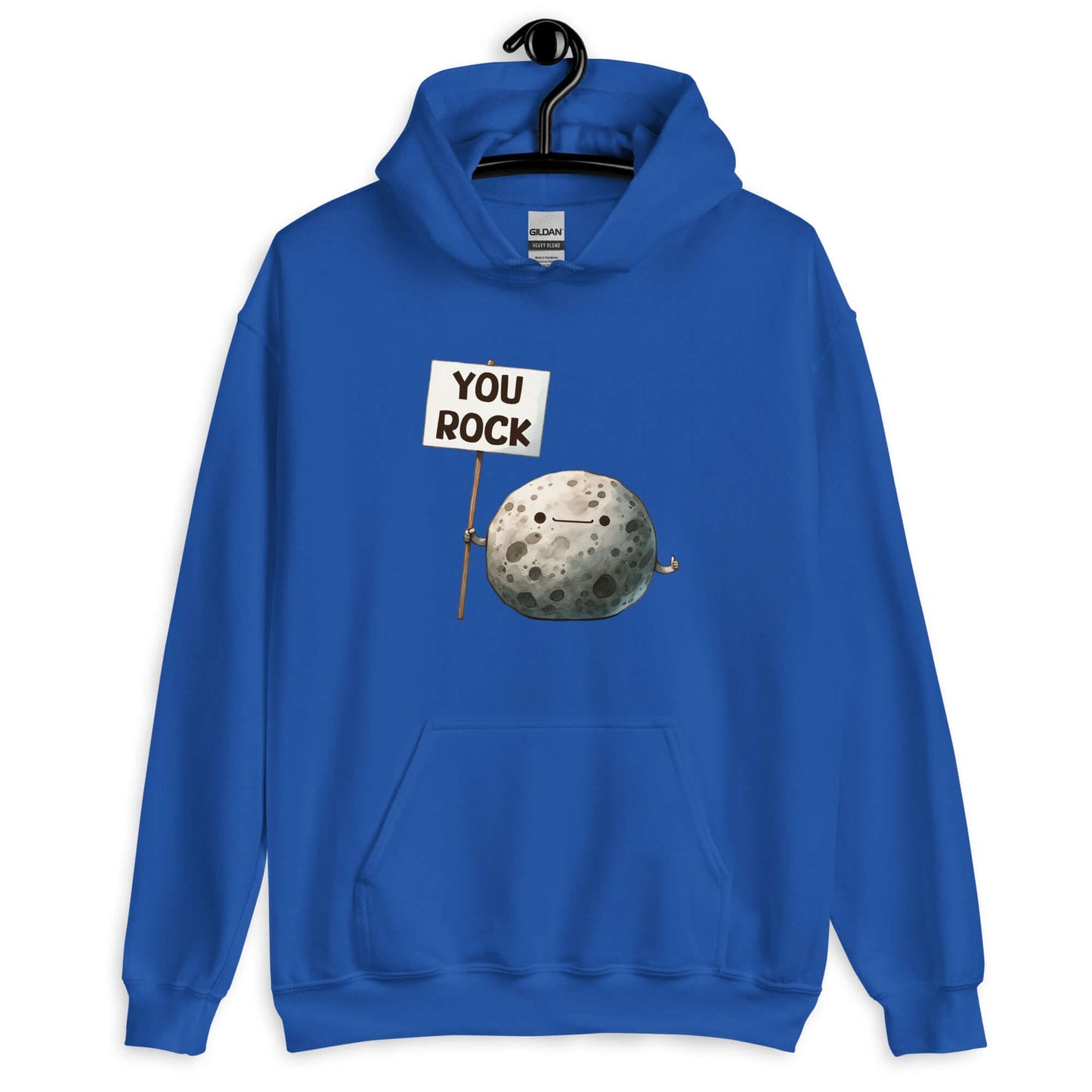 Royal blue hoodie with an image of a grey rock that is holding a sign. The sign says You Rock. The image is printed on the front of the hoodie.