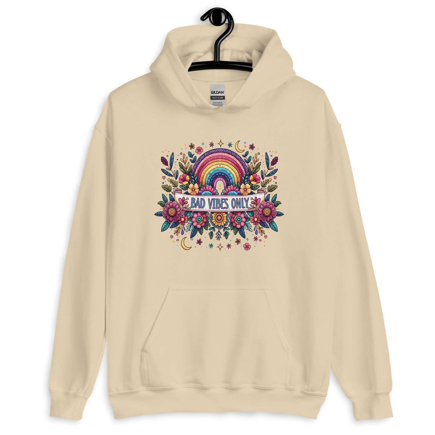 Sand color hoodie sweatshirt with a colorful boho rainbow floral design and the phrase Bad Vibes Only printed on the front.