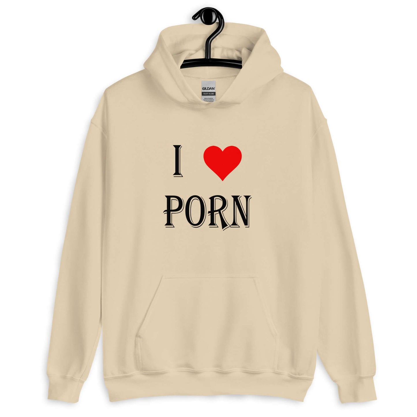 Sand hoodie sweatshirt with the phrase I heart porn printed on the front. The heart is red.