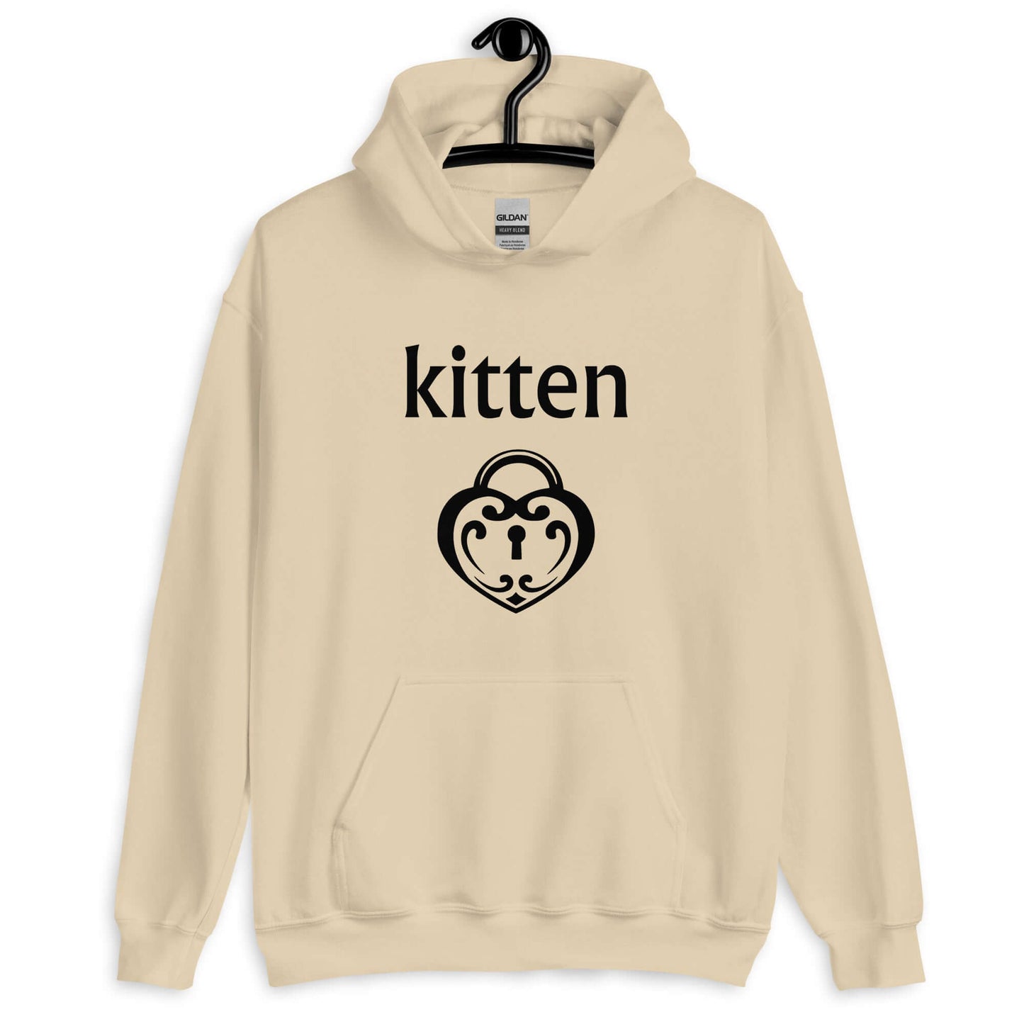Sand color hoodie sweatshirt with an image of a heart shaped lock and the word kitten printed on the front.