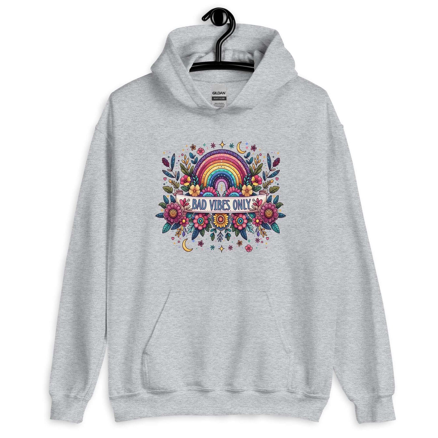 Light sport grey color hoodie sweatshirt with a colorful boho rainbow floral design and the phrase Bad Vibes Only printed on the front.