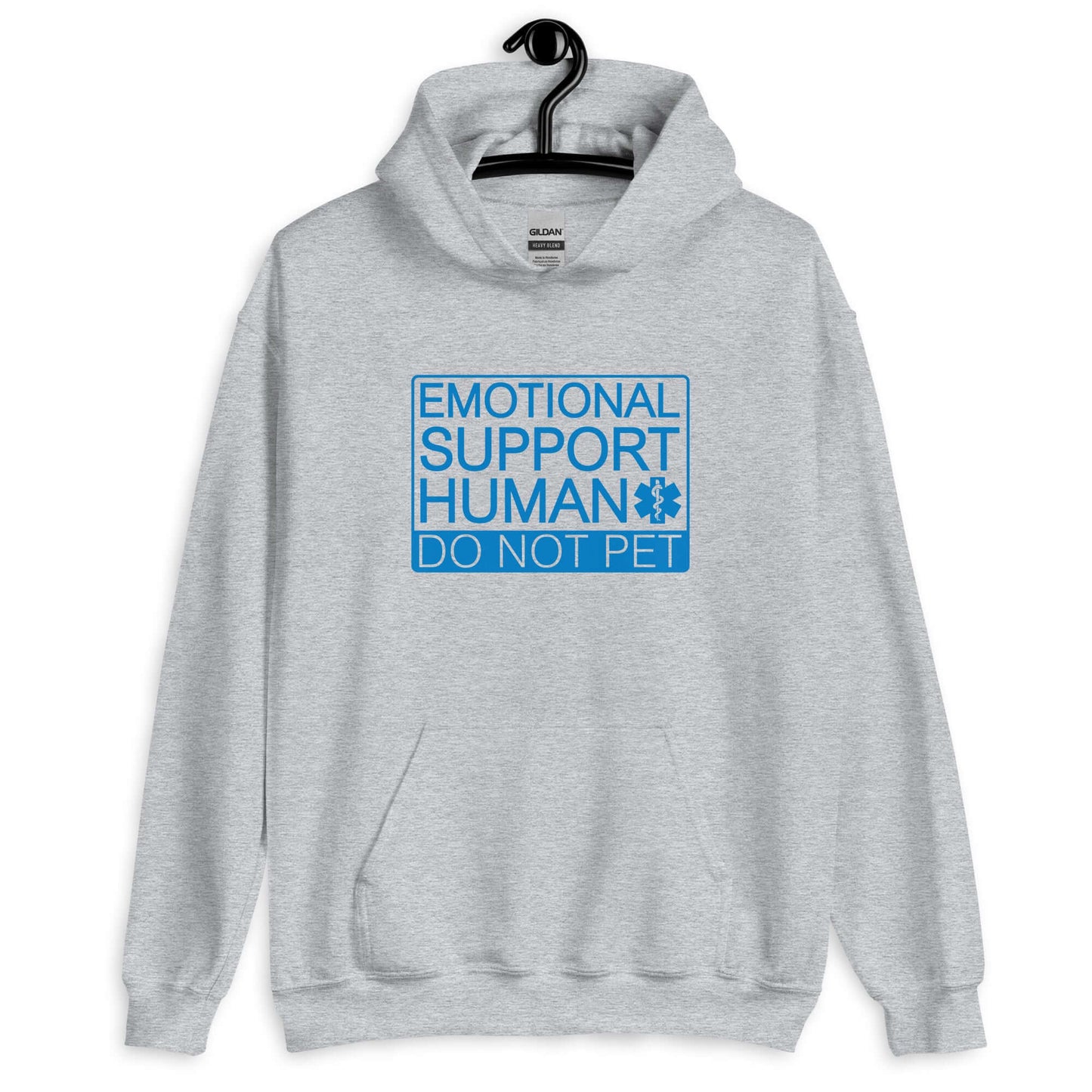 Sport grey hoodie sweatshirt with the words Emotional support human, do not pet printed on the front.