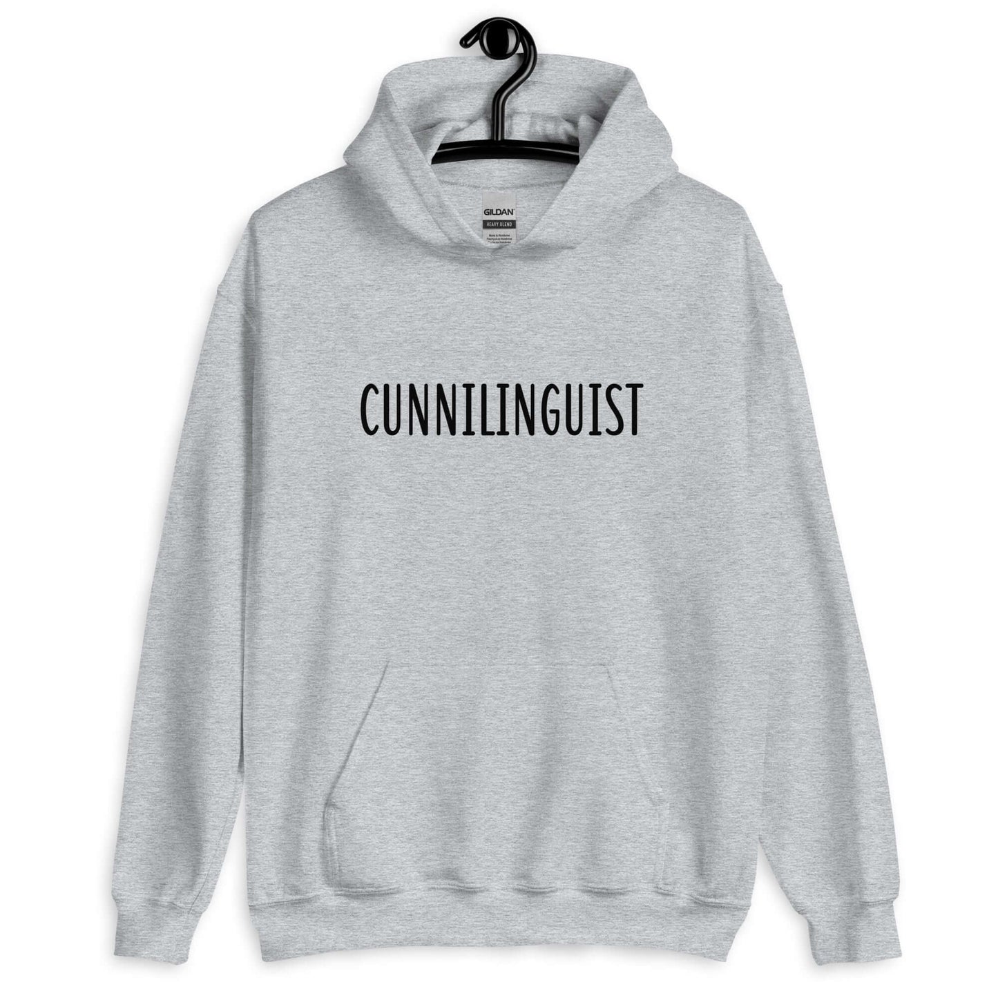 Sport grey hoodie sweatshirt with the word Cunnilinguist printed on the front.