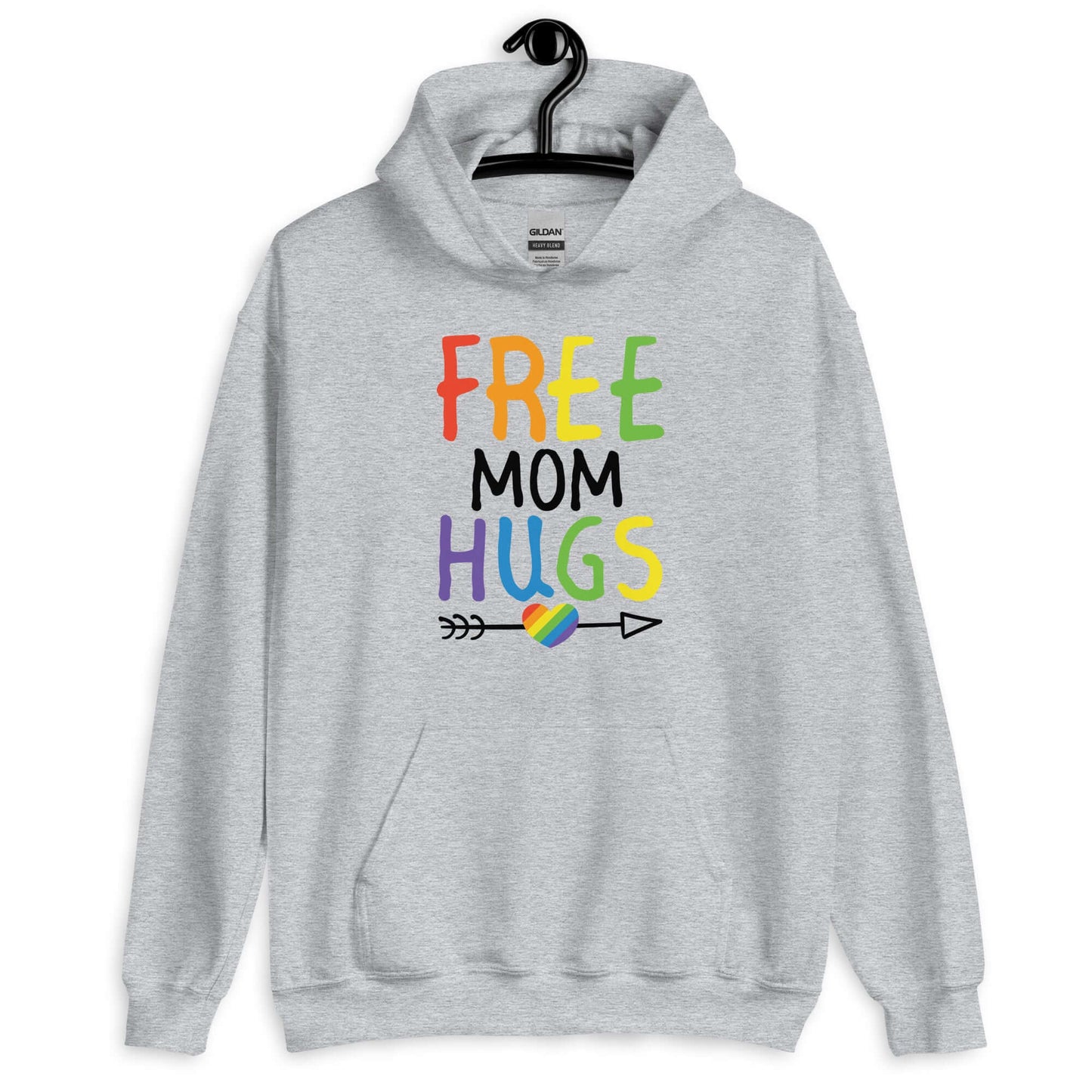 Sport grey hoodie sweatshirt with the phrase Free Mom hugs in rainbow lettering printed on the front.