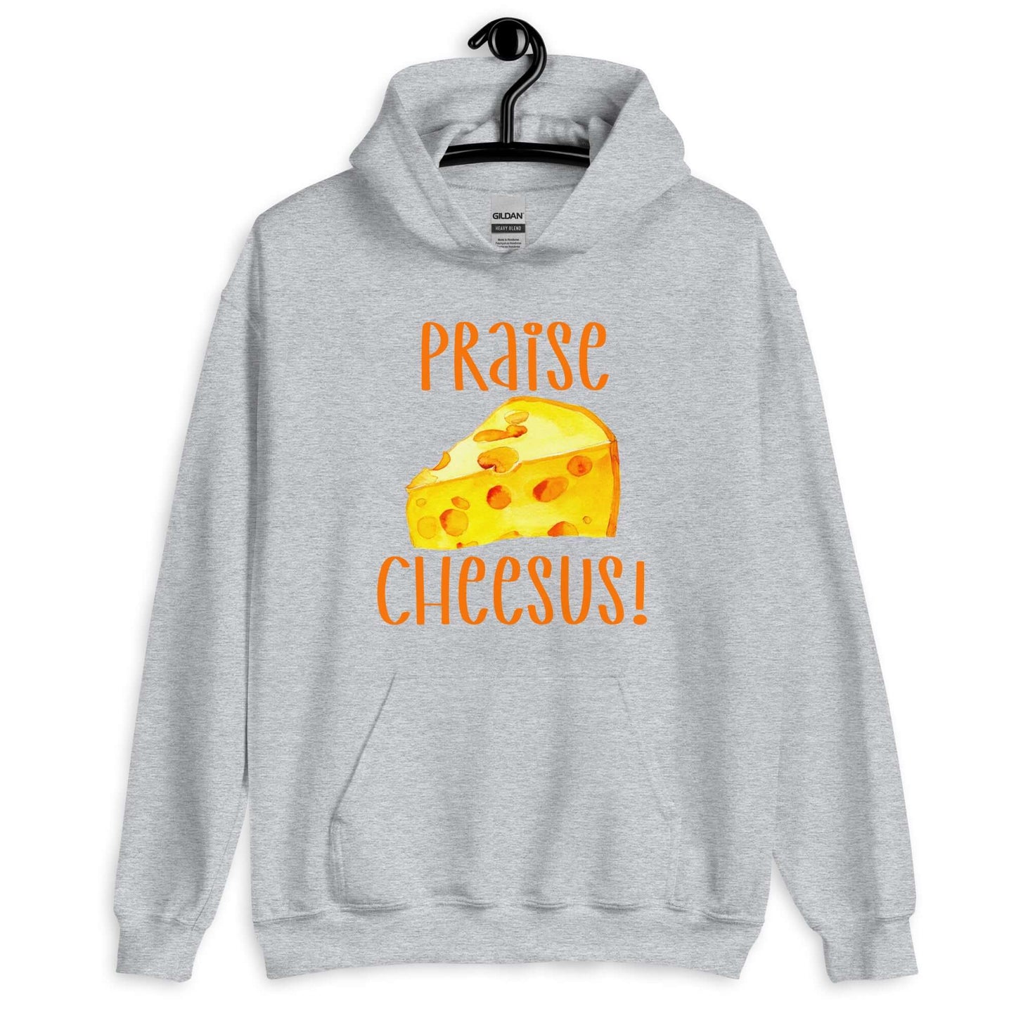 Sport grey hoodie sweatshirt with funny graphics of a piece of swiss cheese and the words Praise Cheesus printed on the front of the hoodie in yellow and orange.