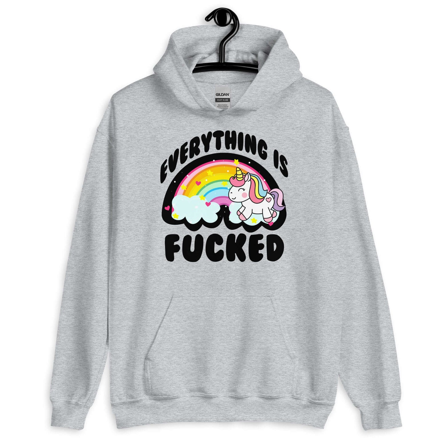 Sport grey hoodie sweatshirt with a graphic of a kawaii style unicorn and a pastel rainbow with the words Everything is fucked printed on the front.