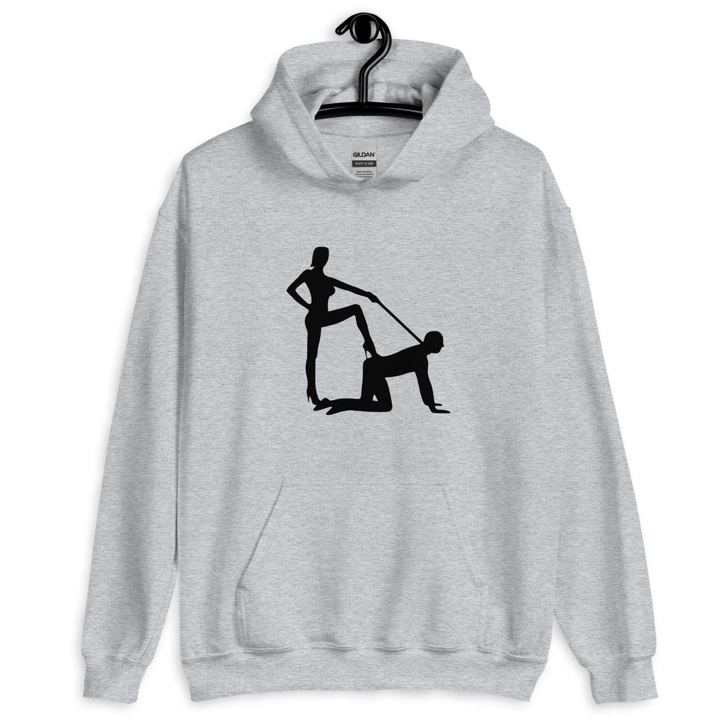 Sport grey hoodie sweatshirt with silhouette image of a man on his hands and knees and a dominatrix holding his leash printed on the front.