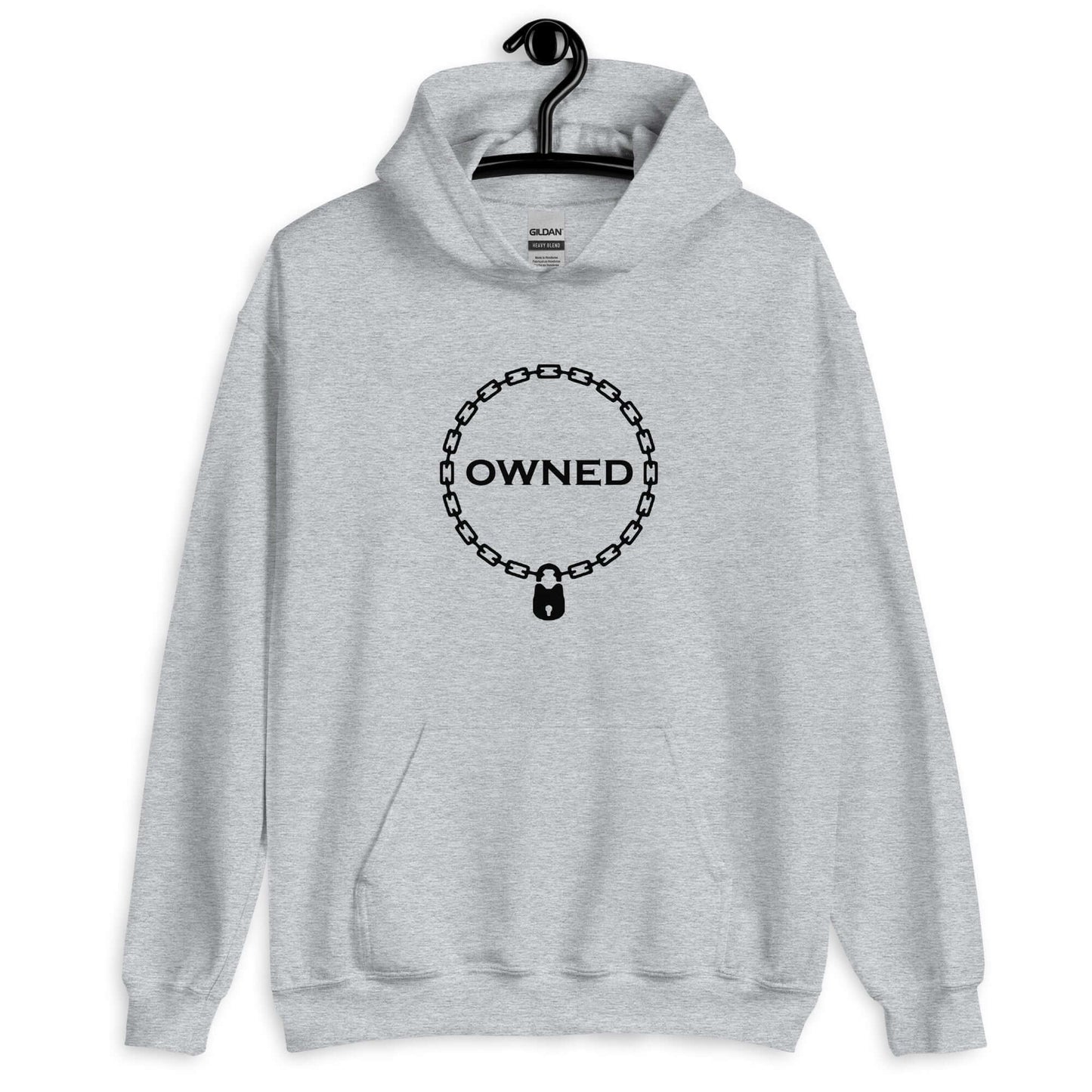 Sport grey hoodie sweatshirt with an image of a BDSM chain collar with a lock and the word Owned printed in the center of the collar. The design is printed on the front of the hoodie.