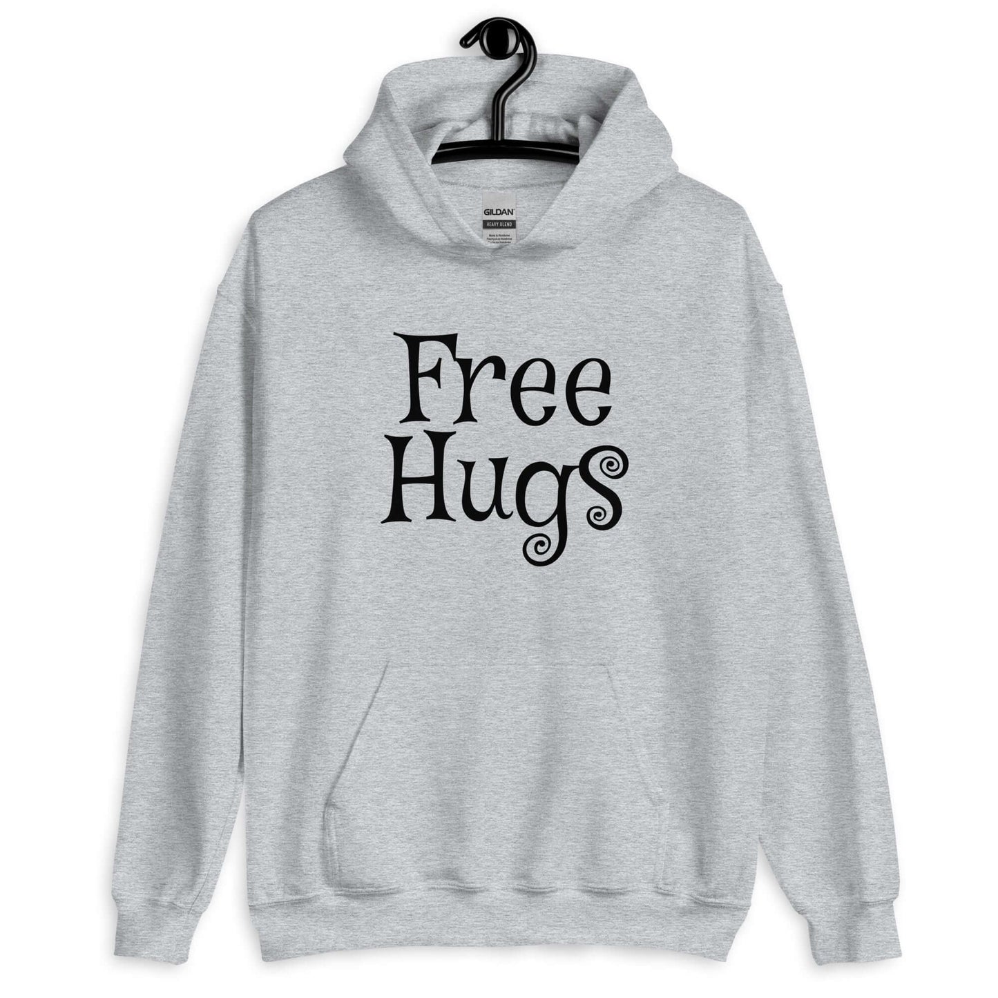 Sport grey hoodie sweatshirt with the words Free Hugs printed on the front.