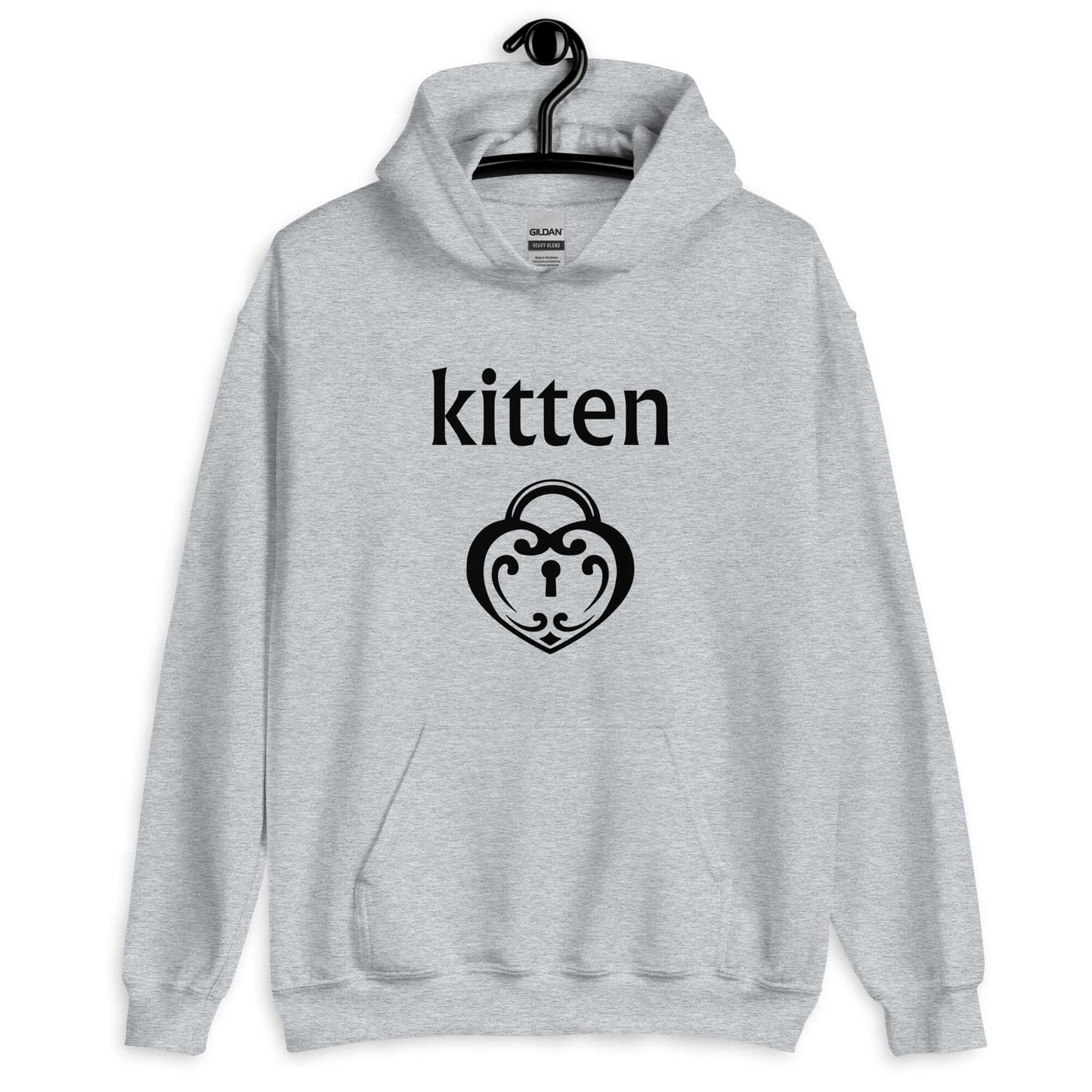 Sport grey hoodie sweatshirt with an image of a heart shaped lock and the word kitten printed on the front.