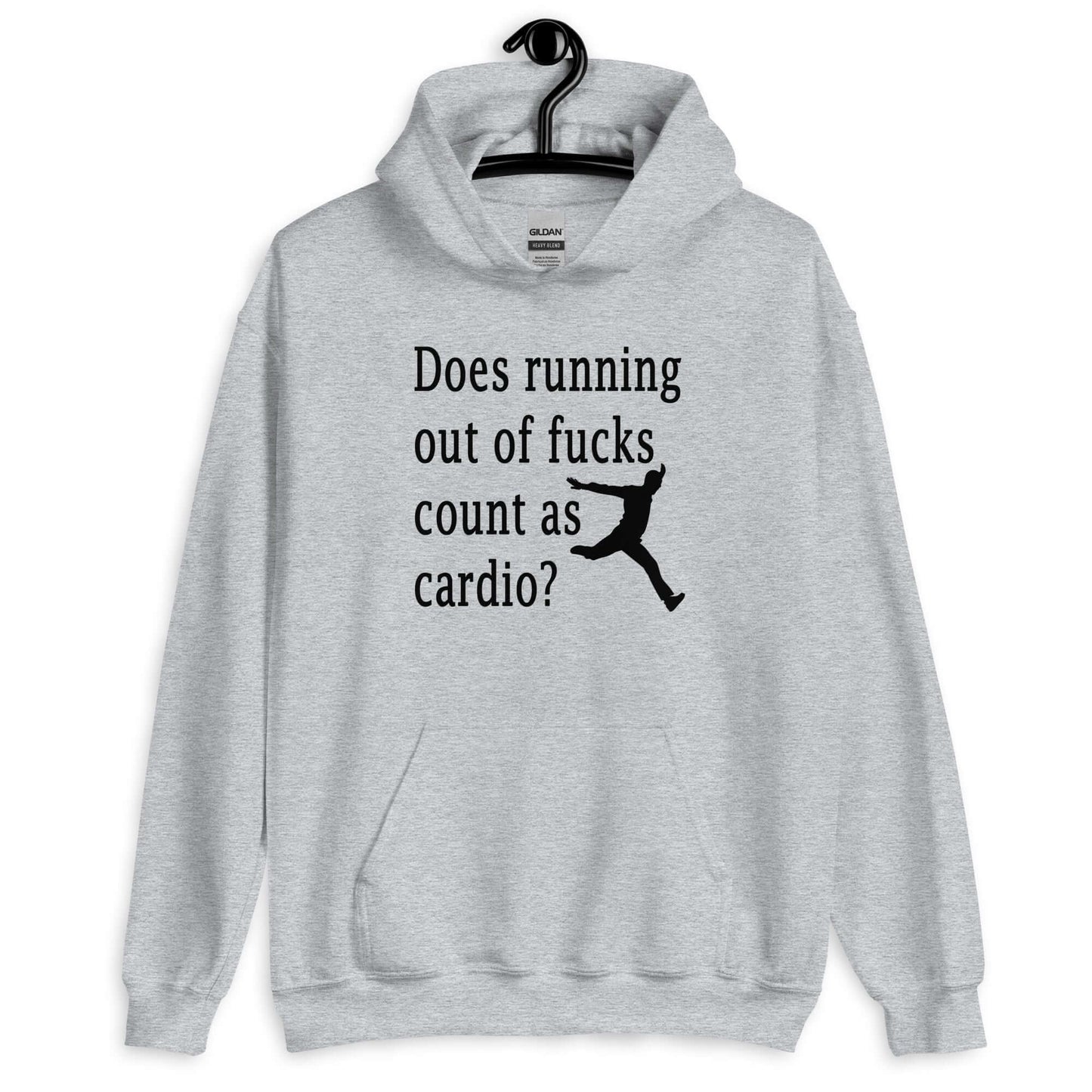 Sport grey hoodie sweatshirt with a silhouette image of a running person with the phrase Does running out of fucks count as cardio question mark printed on the front.