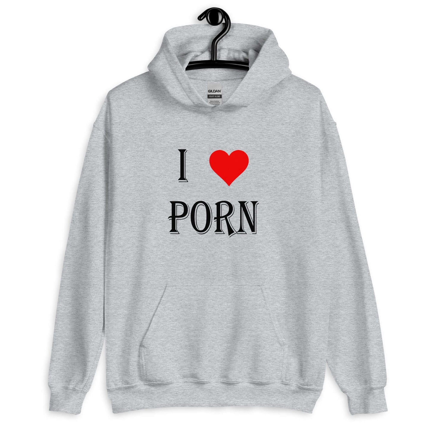 Sport grey hoodie sweatshirt with the phrase I heart porn printed on the front. The heart is red.