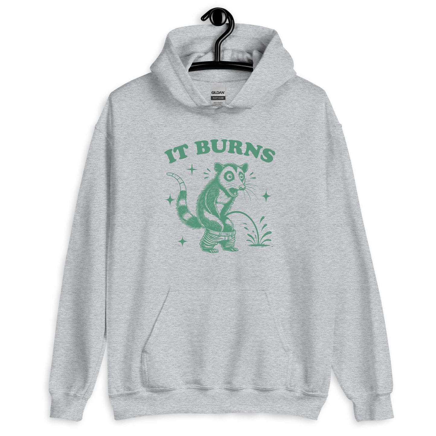 Sport grey hoodie sweatshirt with an image of an opossum peeing. The words It burns are printed above.