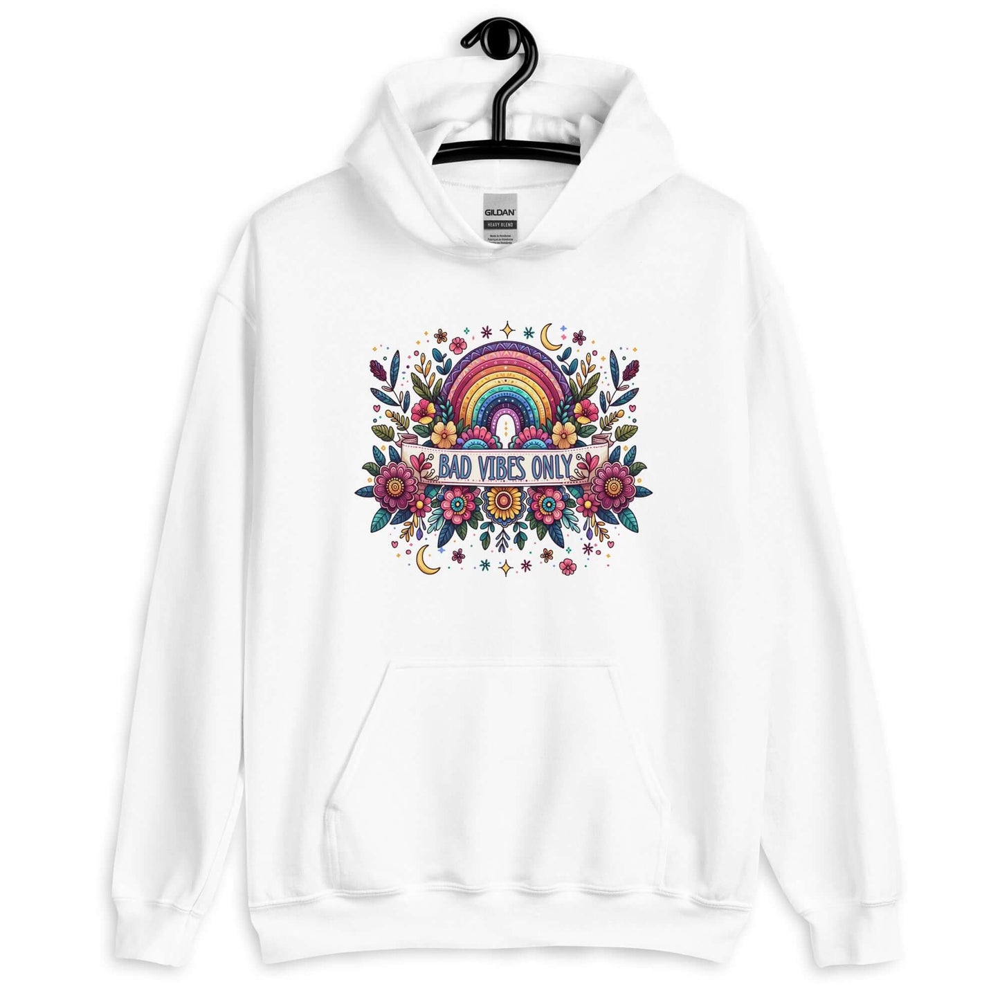 White hoodie sweatshirt with a colorful boho rainbow floral design and the phrase Bad Vibes Only printed on the front.