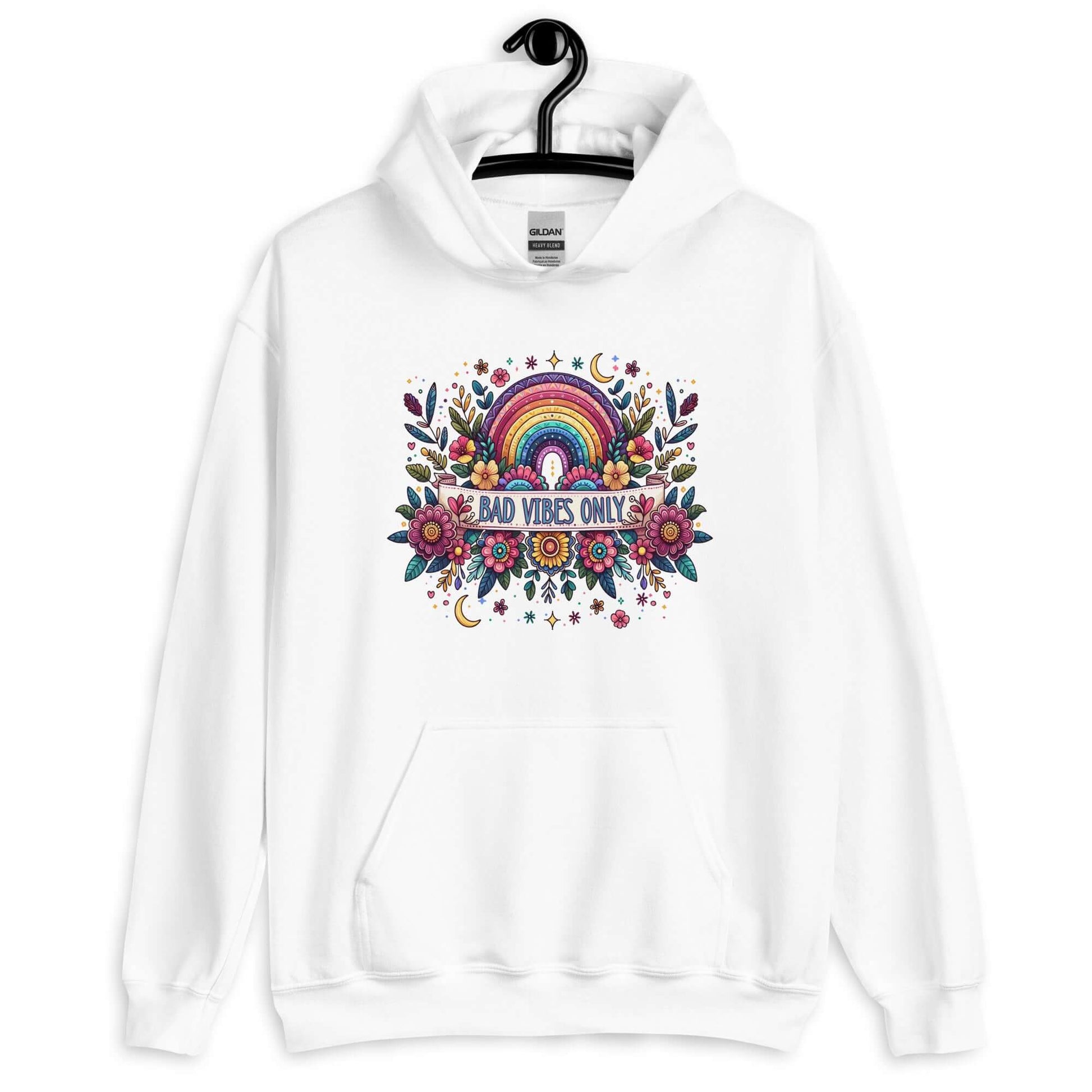 White hoodie sweatshirt with a colorful boho rainbow floral design and the phrase Bad Vibes Only printed on the front.
