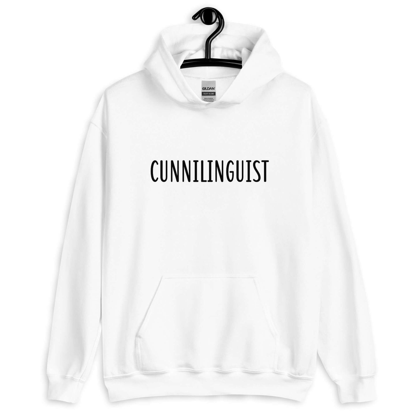White hoodie sweatshirt with the word Cunnilinguist printed on the front.