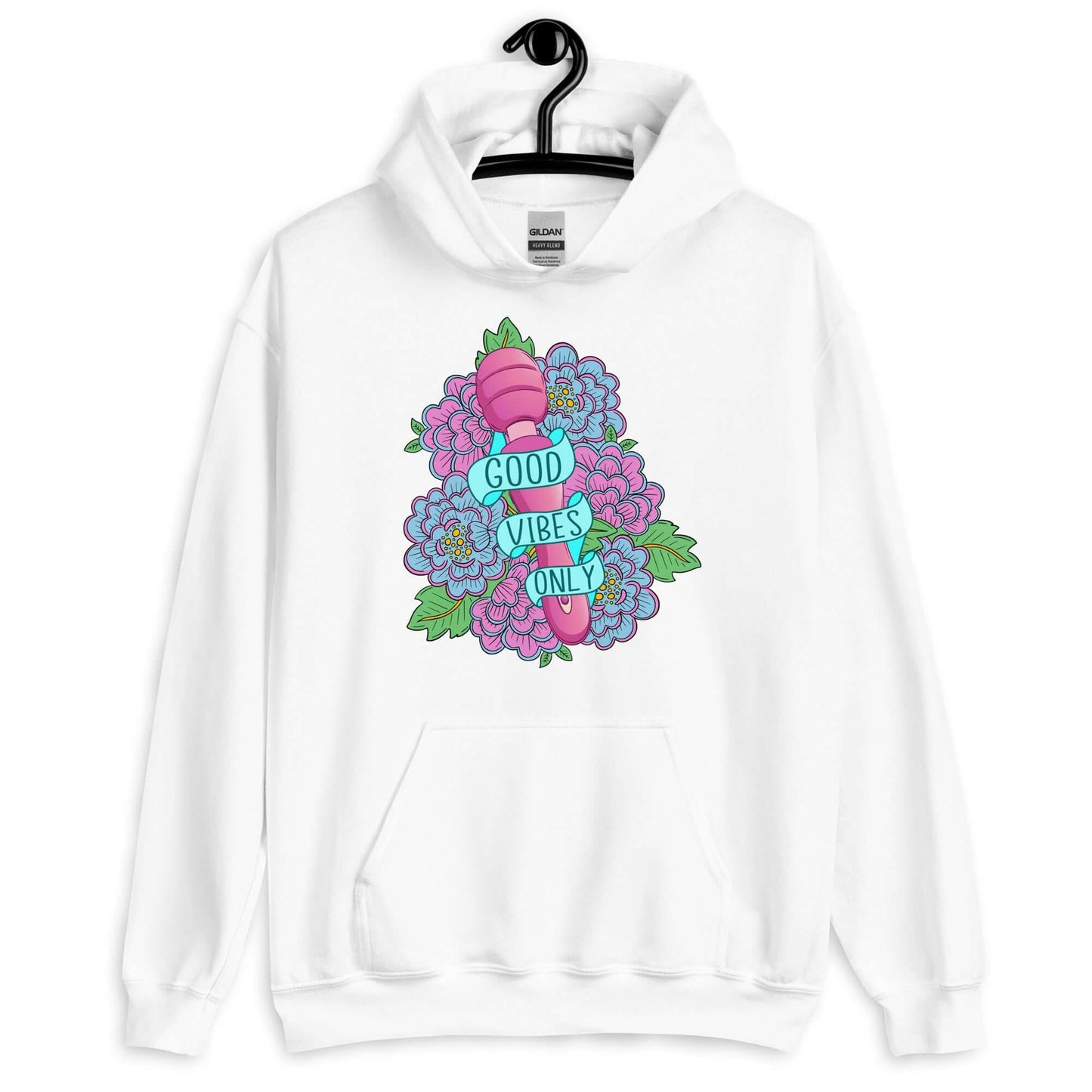 White hoodie sweatshirt with graphic design that has the words Good vibes only layered over a pink wand vibrator with flowers around. The graphic design is printed on the front of the hoodie.