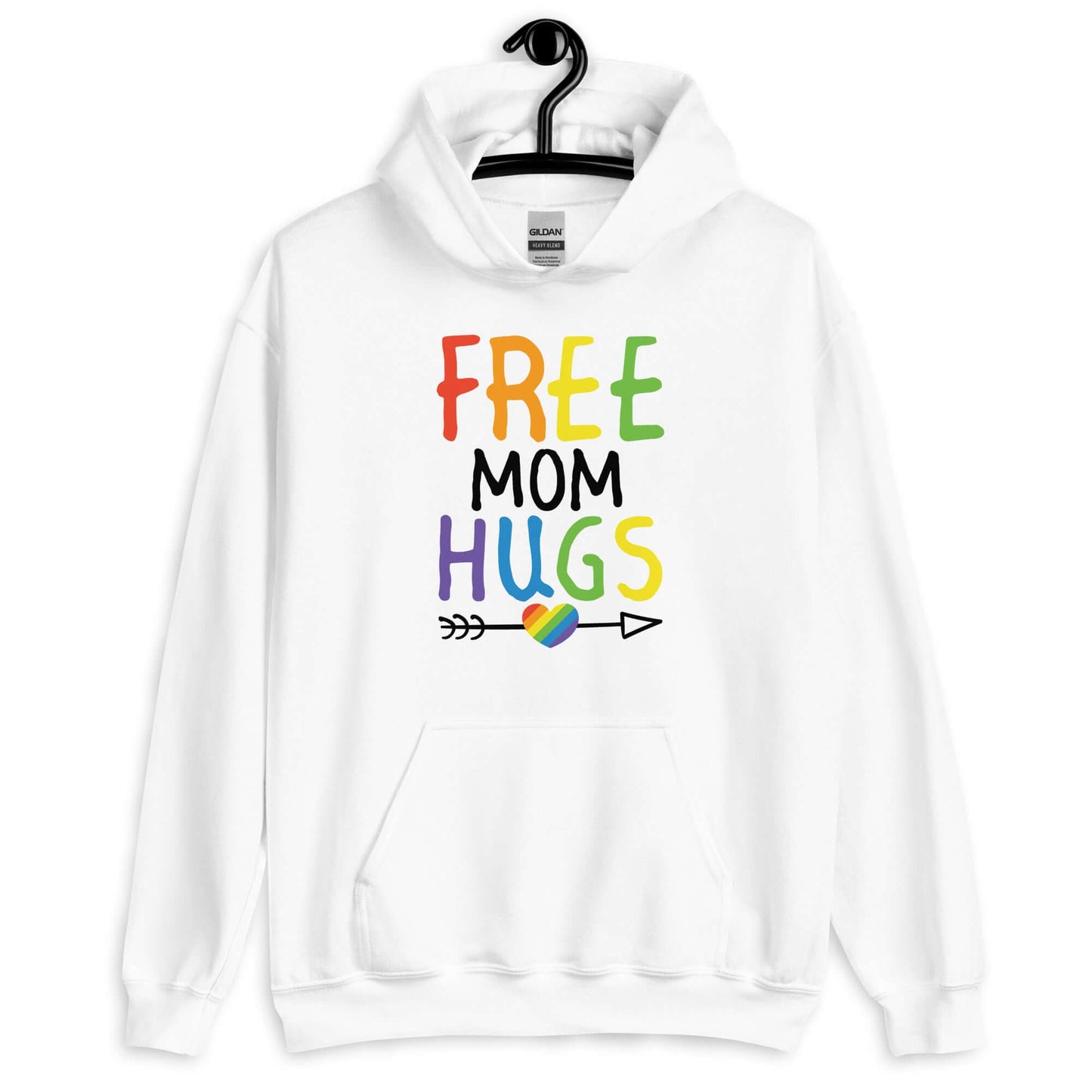 White hoodie sweatshirt with the phrase Free Mom hugs in rainbow lettering printed on the front.