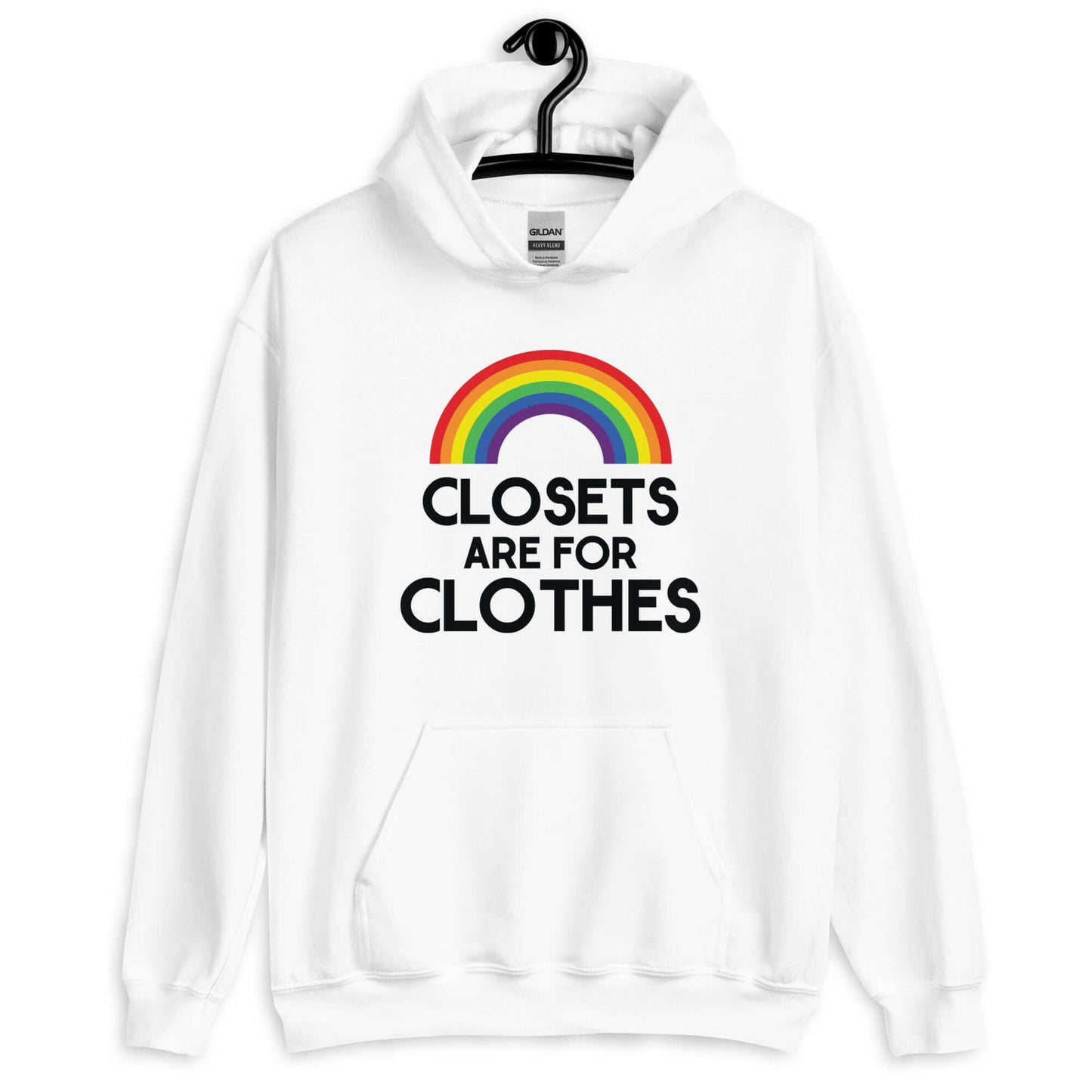 White hoodie sweatshirt with a rainbow and the words Clothes are for closets printed on the front.