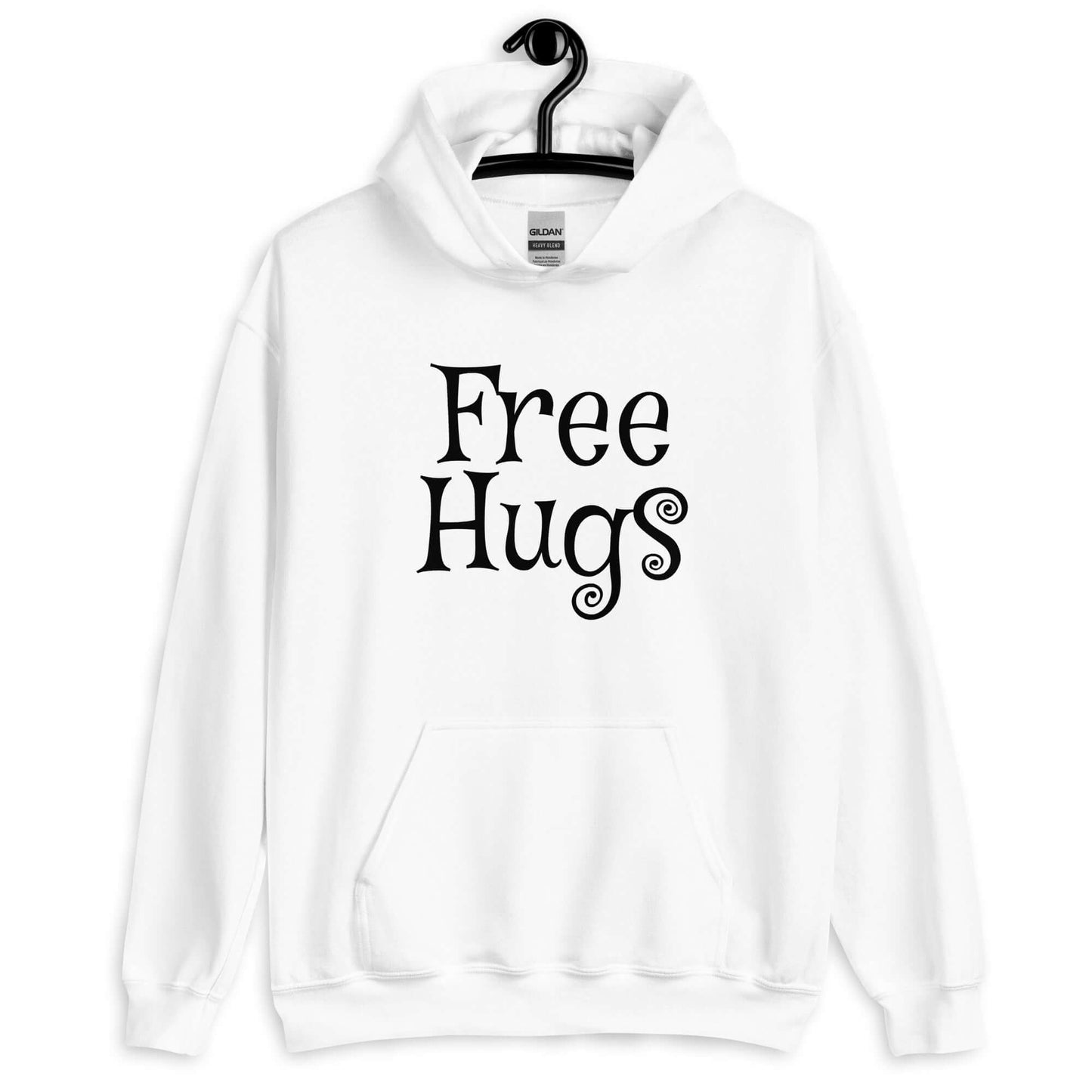 White hoodie sweatshirt with the words Free Hugs printed on the front.