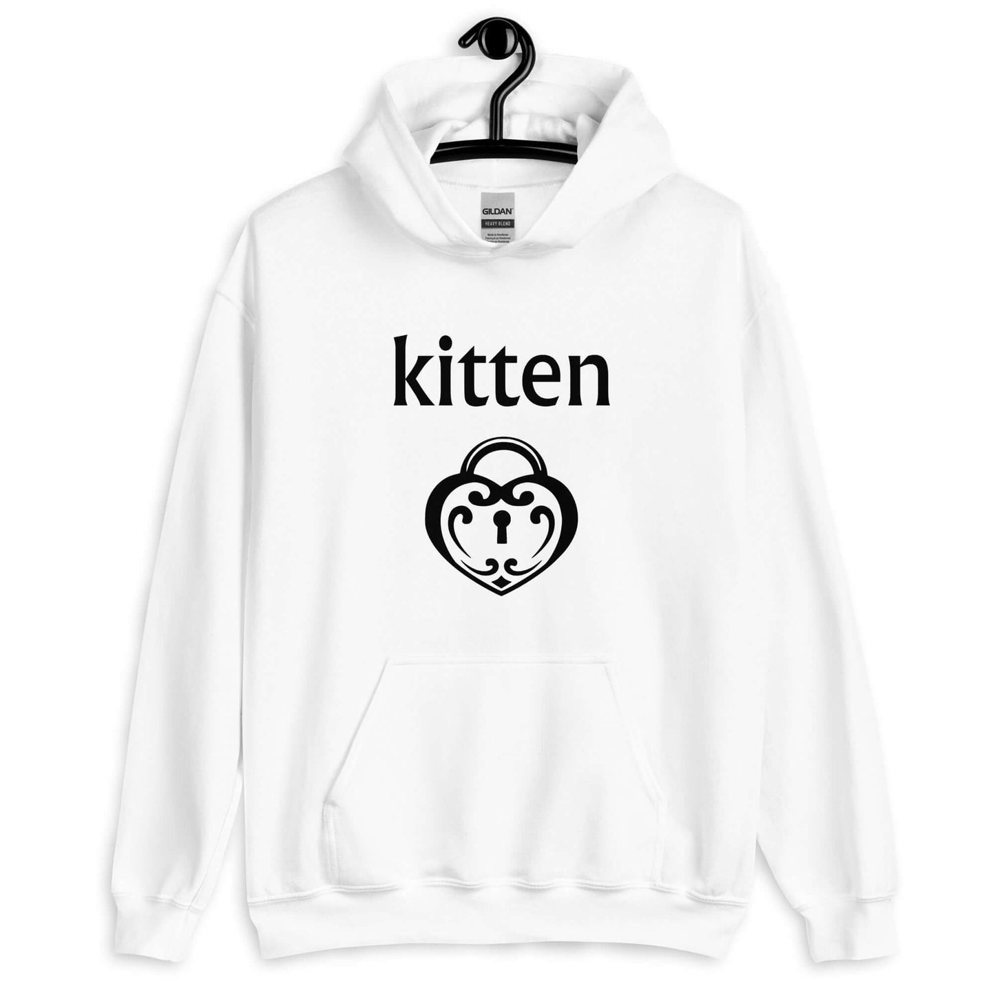White hoodie sweatshirt with an image of a heart shaped lock and the word kitten printed on the front.