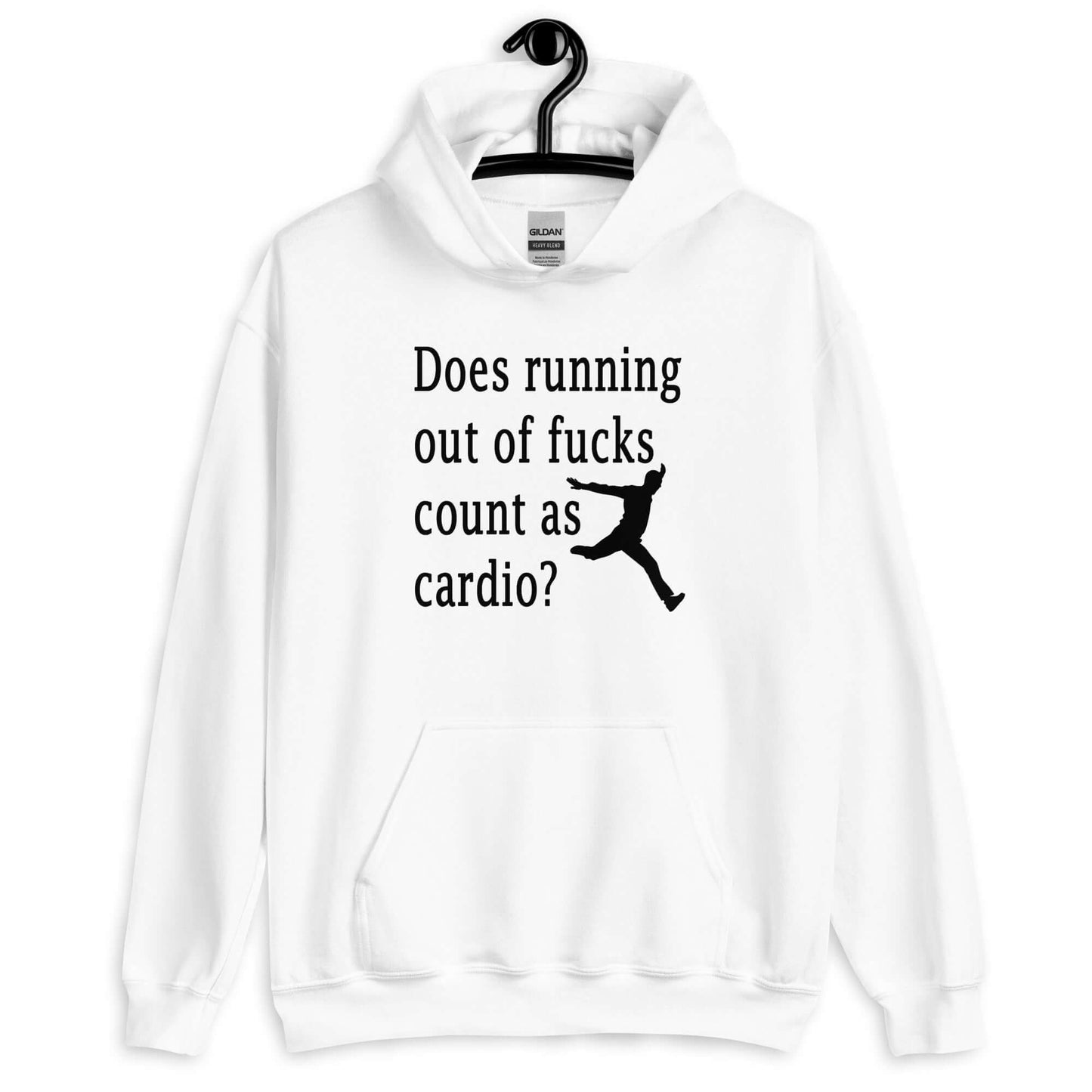 White hoodie sweatshirt with a silhouette image of a running person with the phrase Does running out of fucks count as cardio question mark printed on the front.