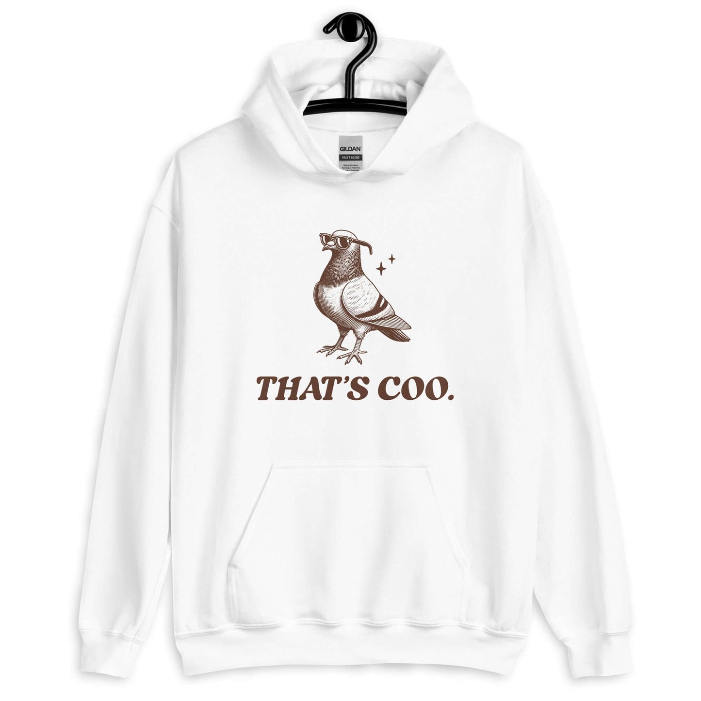 White hoodie sweatshirt with an image of a pigeon and the words That's coo printed on the front.