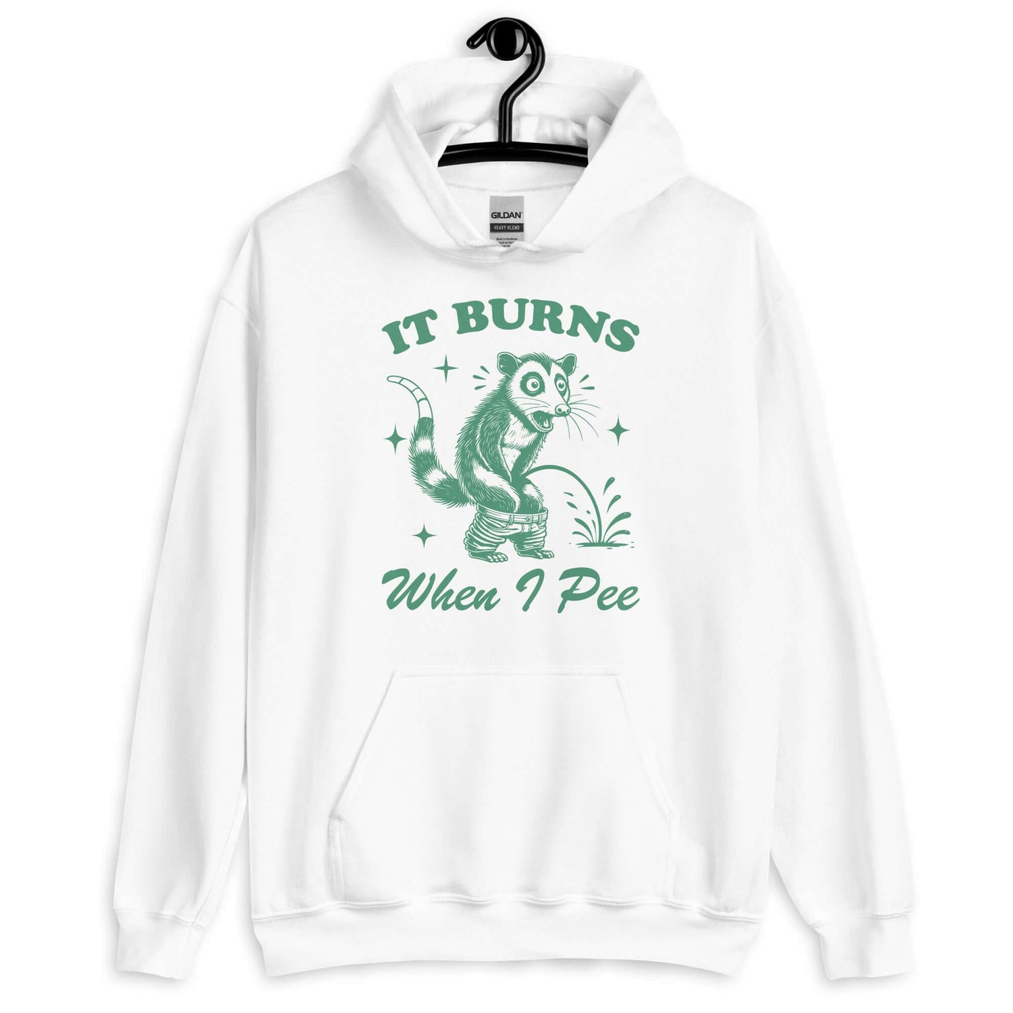 White hoodie sweatshirt that has graphic of an opossum peeing and the words it burns when I pee printed on the front.