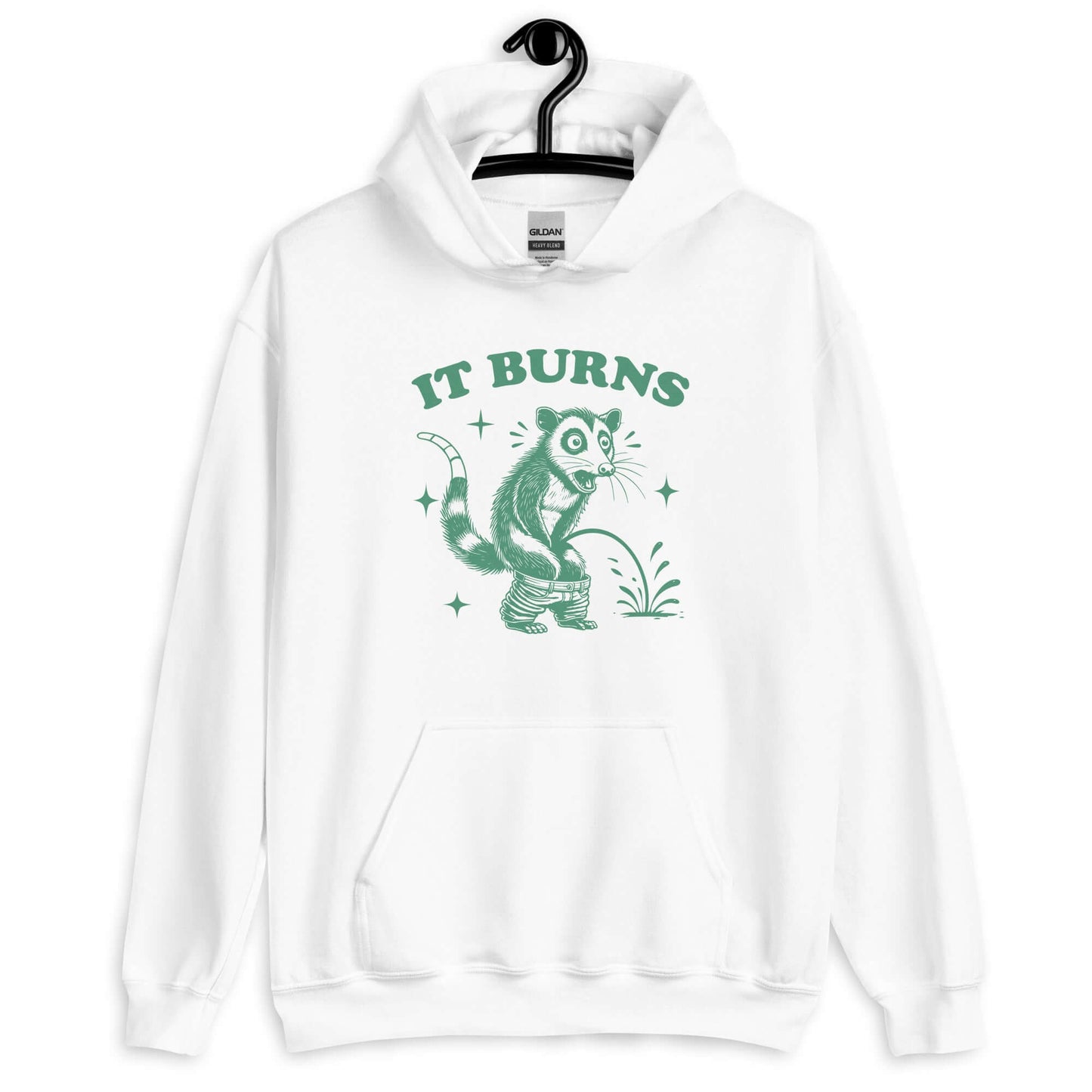 White hoodie sweatshirt with an image of an opossum peeing. The words It burns are printed above.