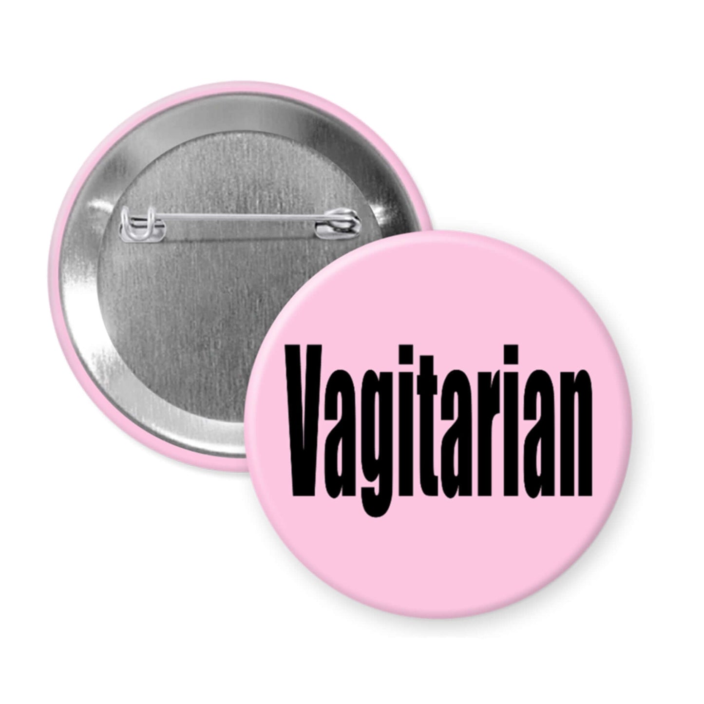 Pink button with 'Vagitarian' text on a white background.
