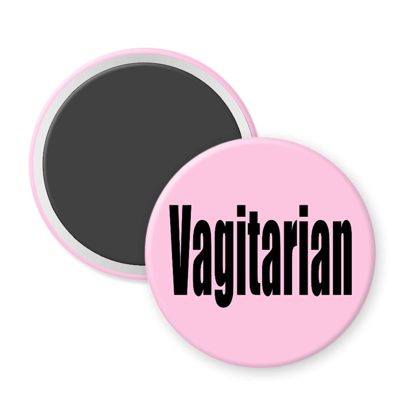 Pink magnet with 'Vagitarian' text on a white background