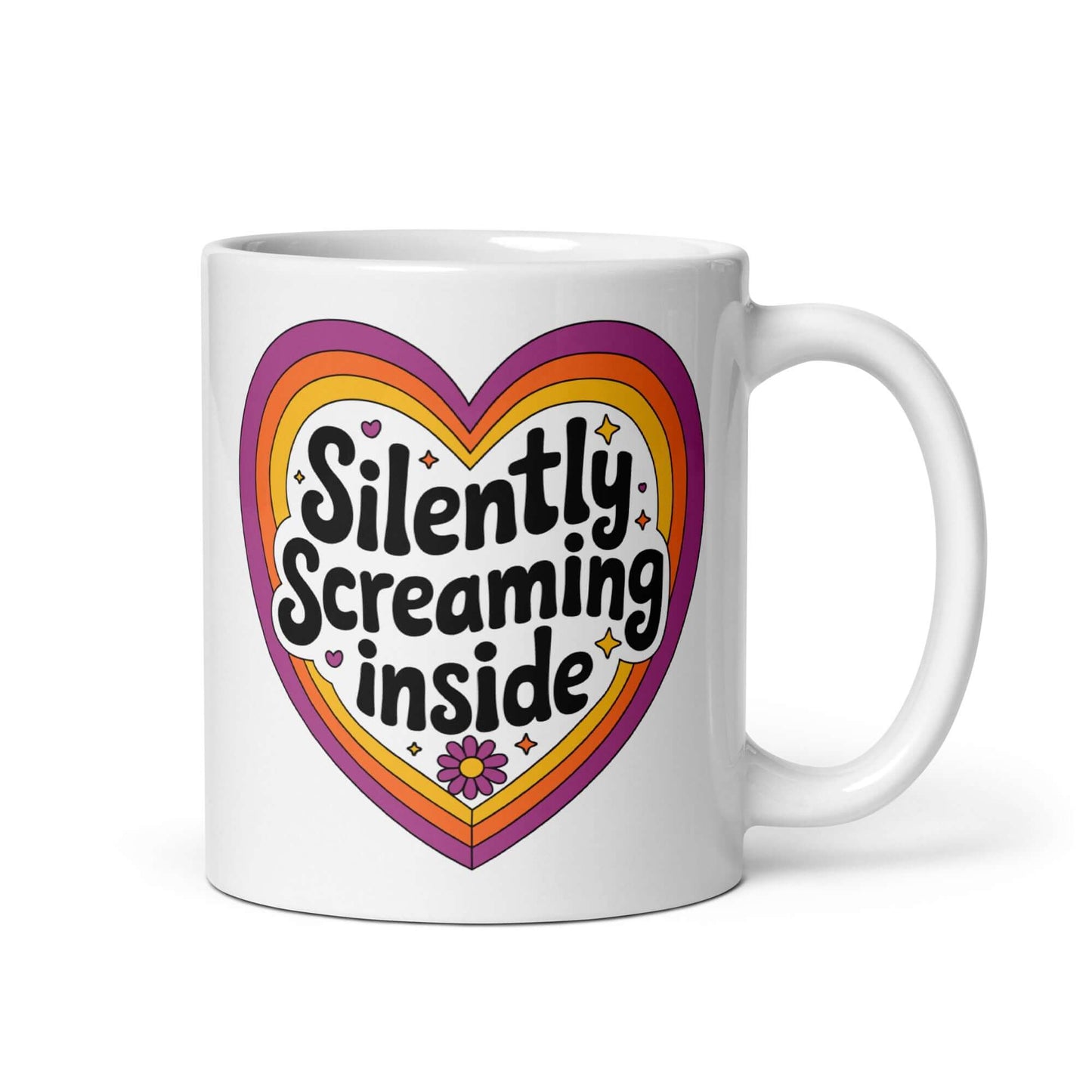 White ceramic coffee mug with a graphic that says Silently screaming inside. The graphics are printed on both sides of the mug.
