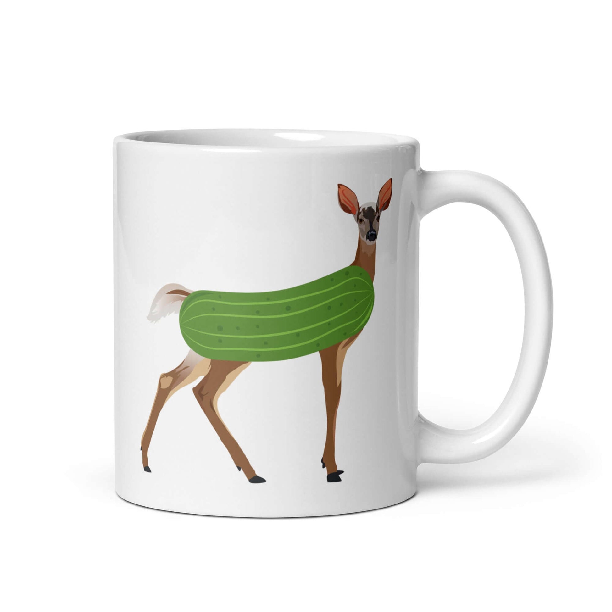White ceramic dildo pun coffee mug with funny image of a doe deer with a dill pickle body printed on both sides of the mug.