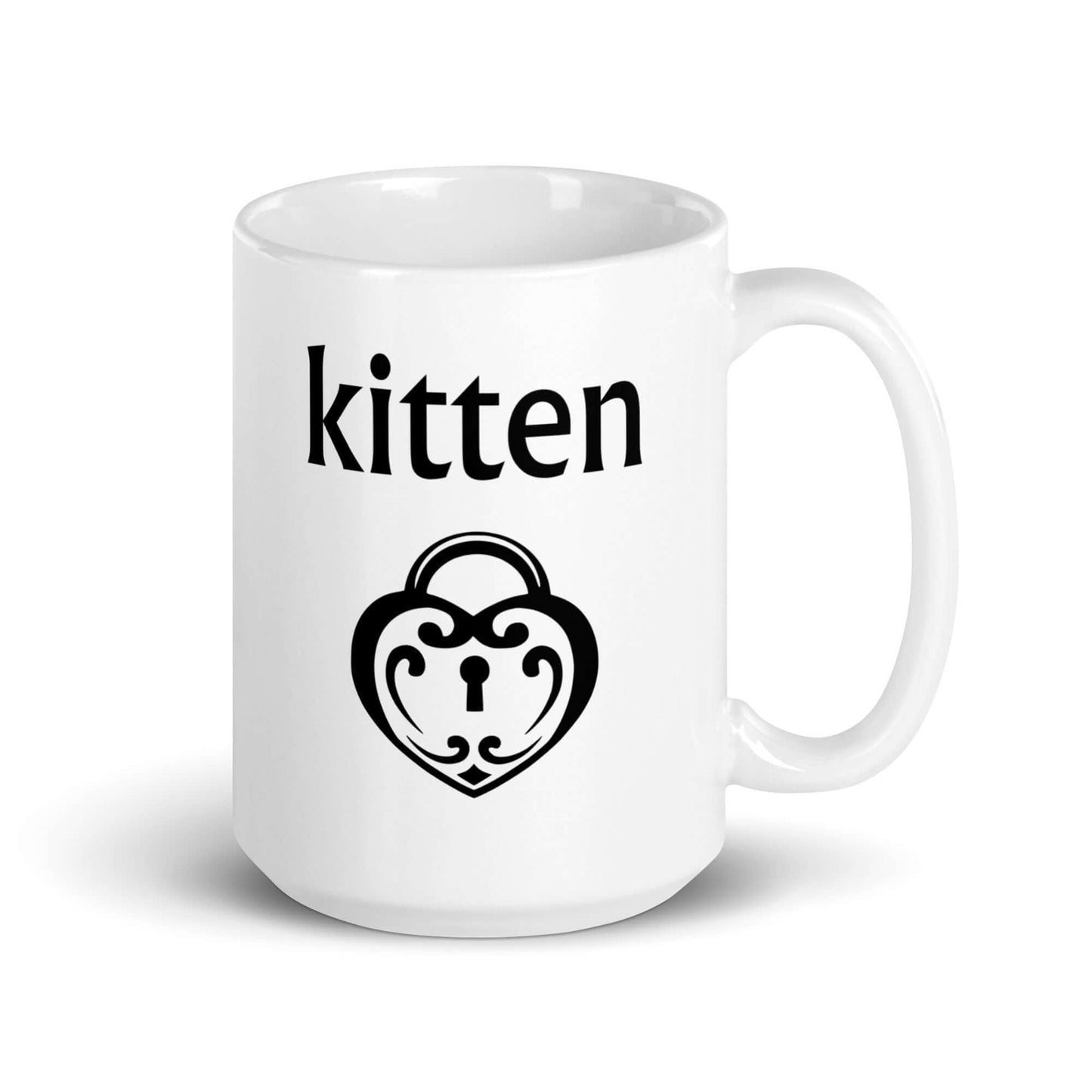 White ceramic coffee mug with an image of a heart shaped lock and the word kitten printed on both sides of the mug.