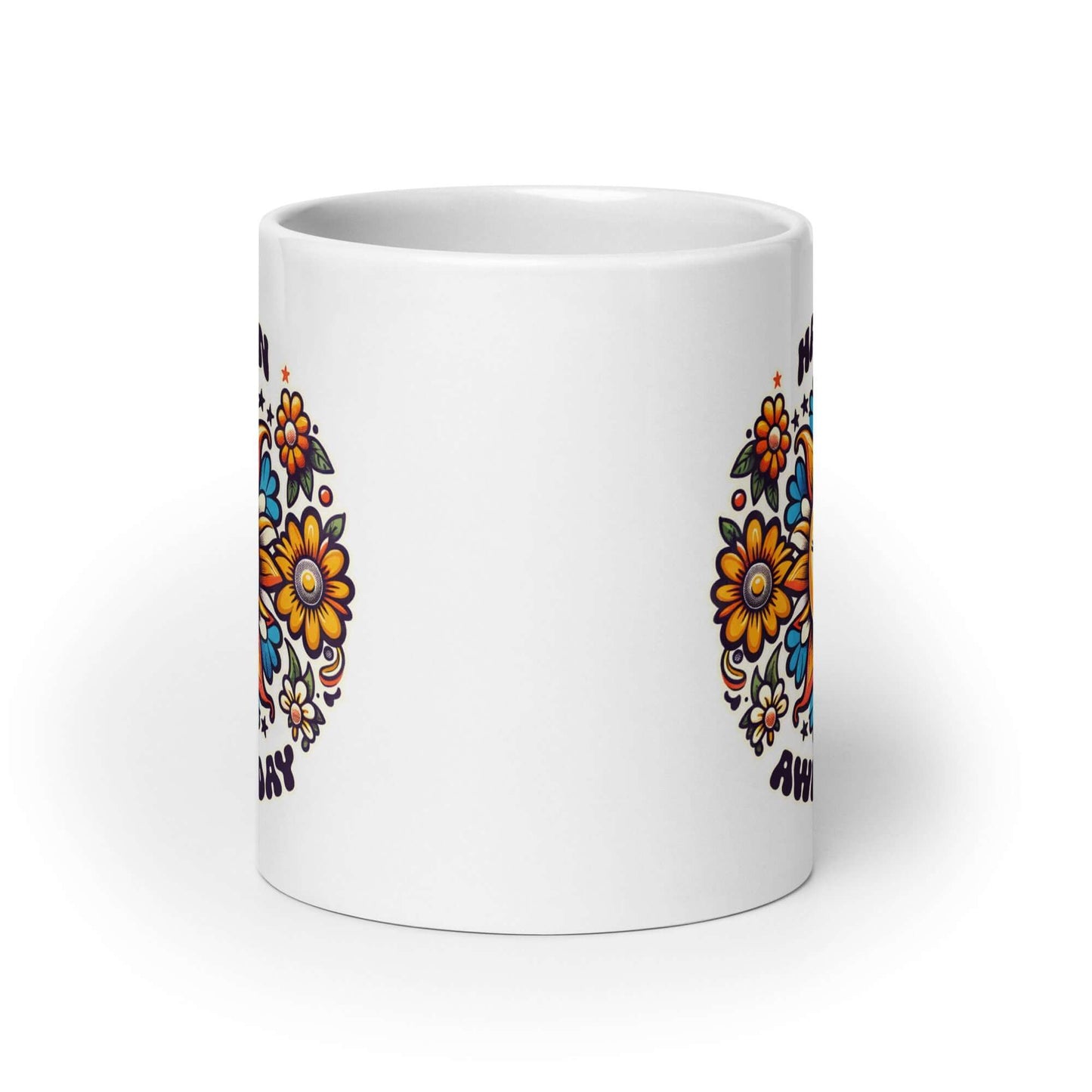 White ceramic coffee mug with a sun graphic and the phrase Have an awful day printed on both sides of the mug.